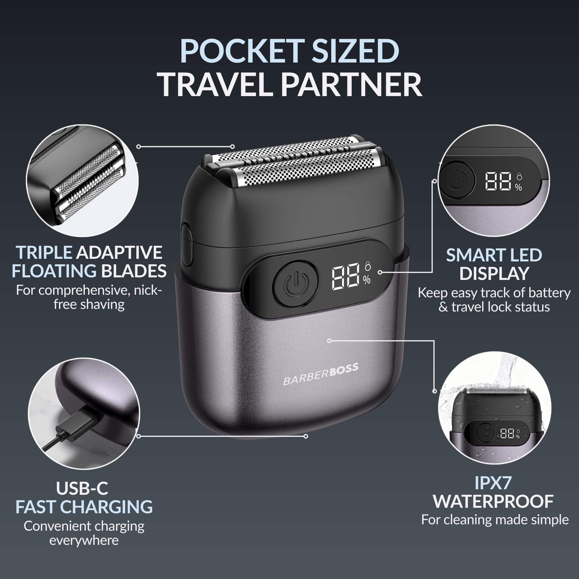BarberBoss - Afeitadora compacta para hombre, cuchillas flotantes de acero inoxidable, cabezal de hoja magnético, pantalla LED inteligente (Gris Metálico)