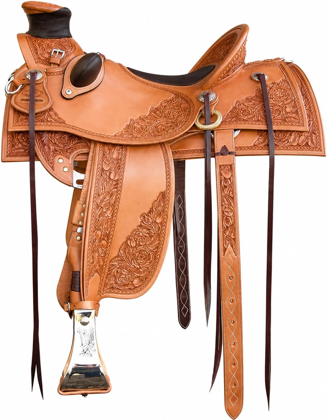 Wade Horse Saddle Tree A Fork Roping Ranch Work Handmade Tooled Carved Premium Leather Western Equestrian Trail Tack Adult & Pony Horse Riding Saddle, Size: 10-18 inch Seat, EV-188