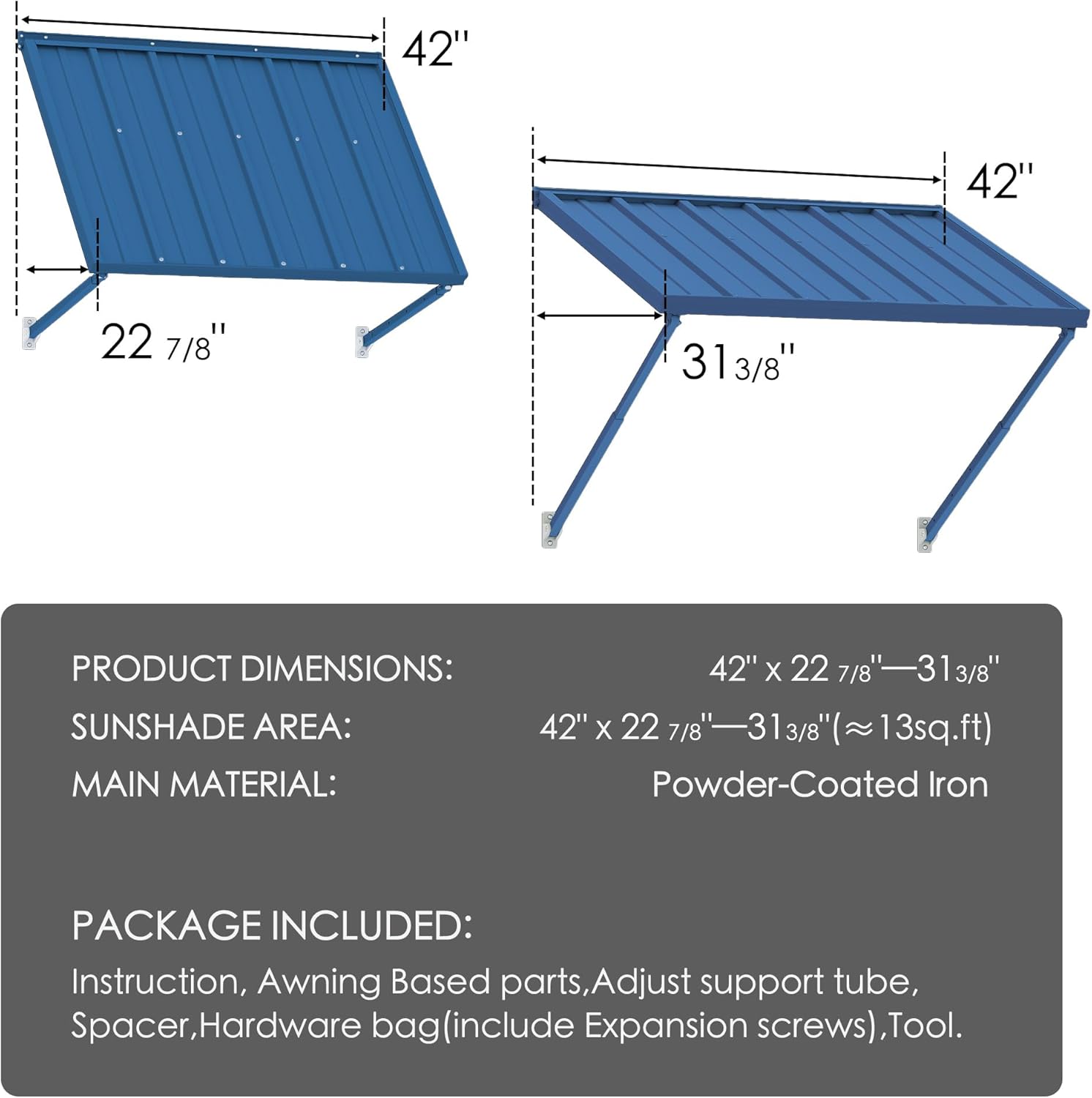 Diagram showing the dimensions of the Kozyard Adjustable Window Awning, including its 42-inch width and adjustable projection from 22 7/8 inches to 31 3/8 inches. Also lists product dimensions, sunshade area, main material as Powder-Coated Iron, and package contents.