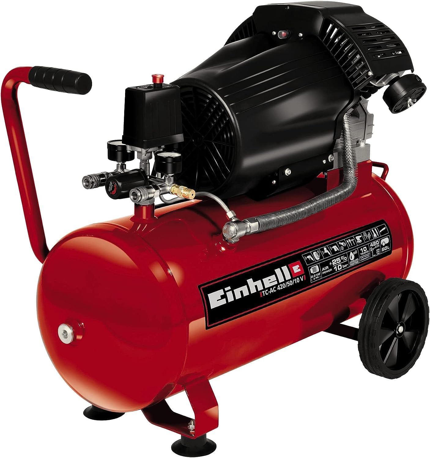 Einhell Compresor TC-AC 420/50/10 V (2200 W, 2850 rpm, 10 bar máx., tanque de 50 l, reductor de presión, manómetro, válvula de retención, válvula de seguridad)
