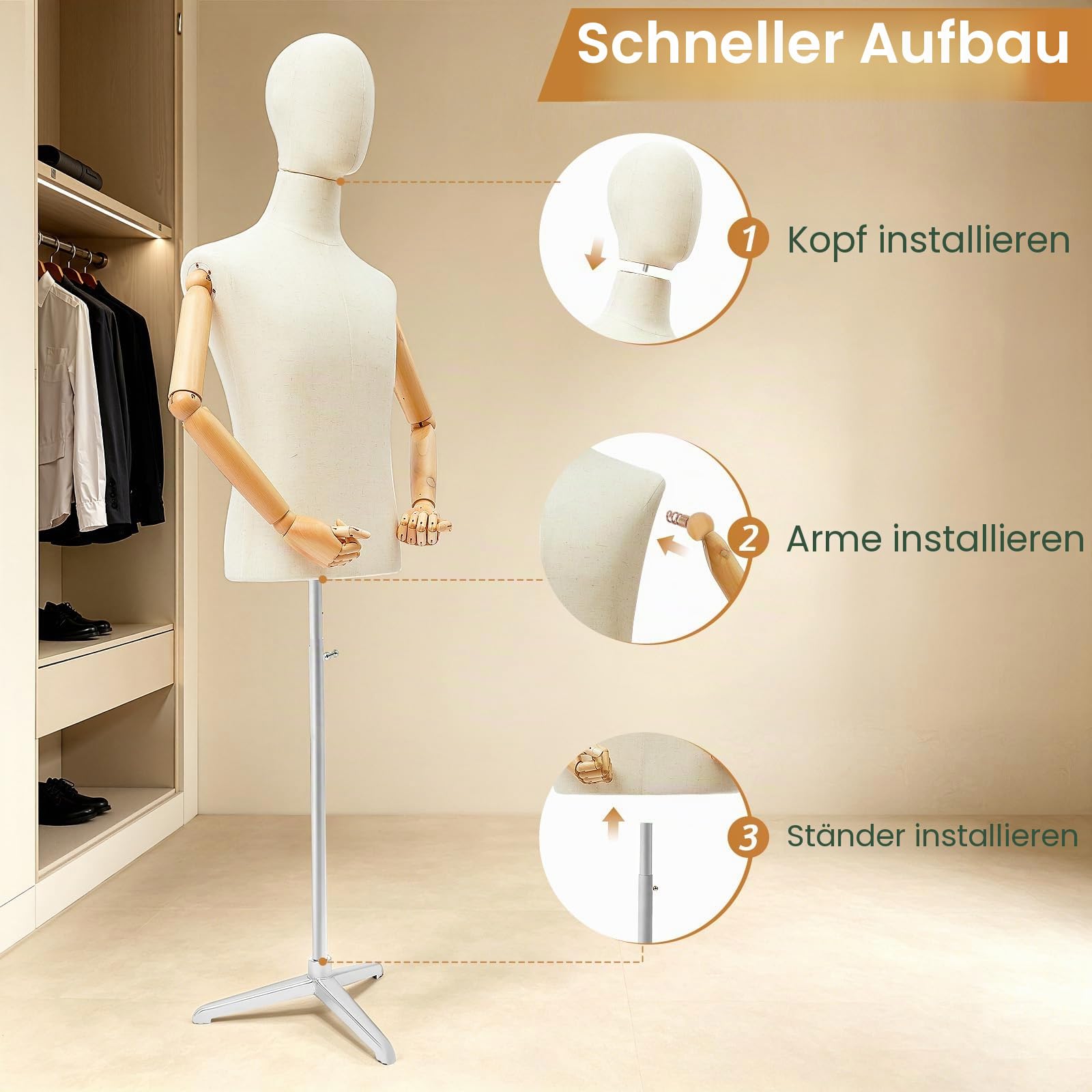 Schneiderpuppe Einstellbare Höhe Herren Schaufensterpuppe,Schneiderbüste Mit Verstellbarer Kopf,Arme und Finger,für Bekleidungsgeschäfte,Schneidereien, Hochzeitskleider (Leinen+Silber, M)