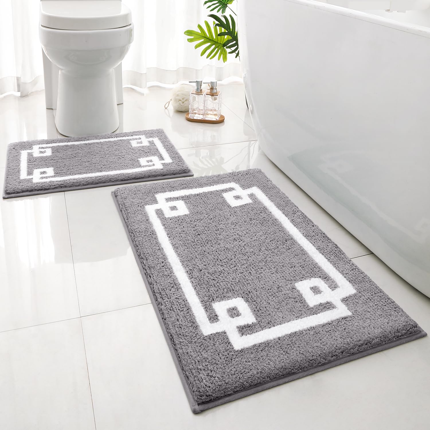 HOMEIDEAS Bathroom Rugs Sets 2 Piece, Soft and Water Absorbent Microfiber Carpet, Non-Slip Washable Bath Mats (20"x32"+16"x24", Grey and White)