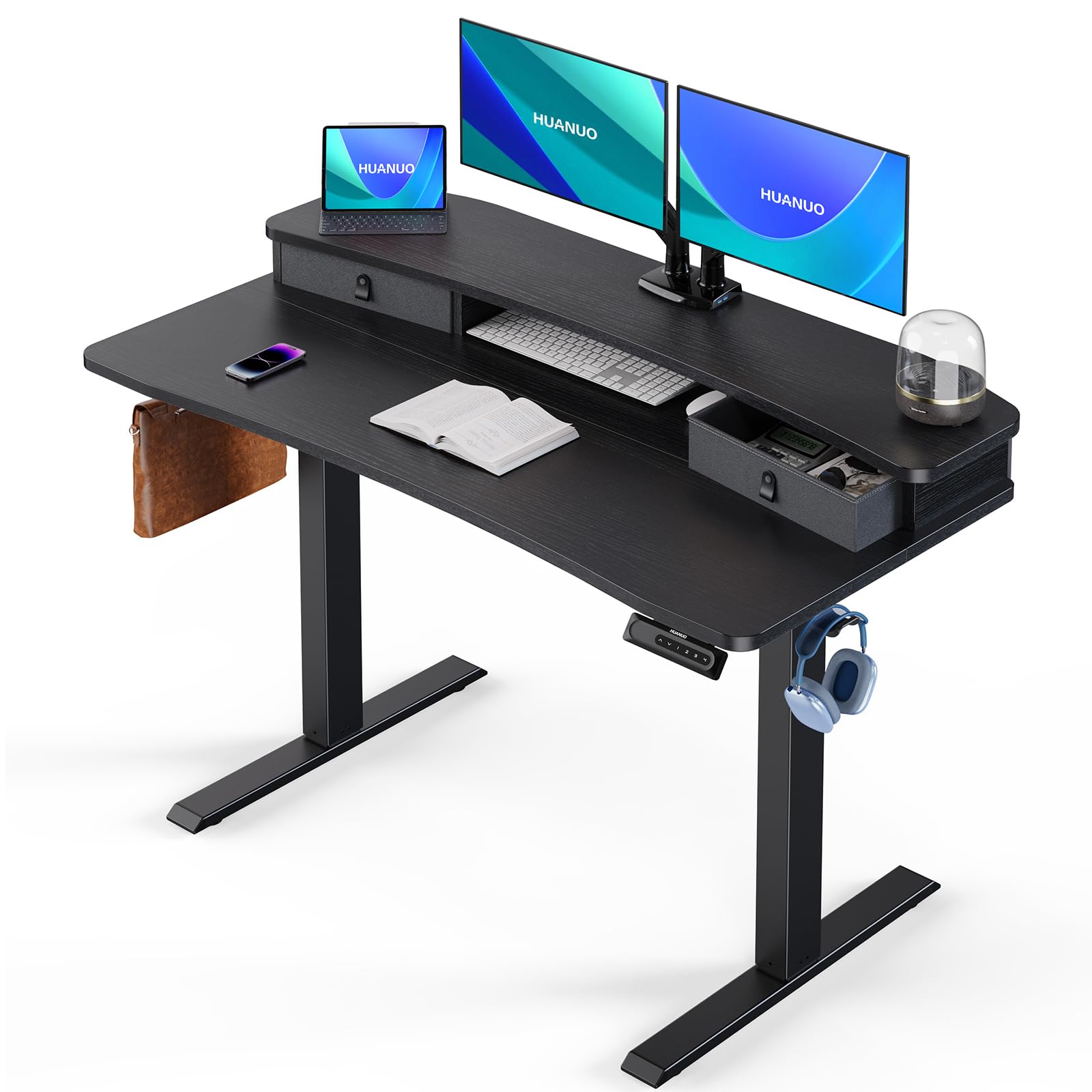 HUANUO 48? x 24? Electric Standing Desk with 2 Drawers, C-Clamp Mount Compatible, Height Adjustable Computer Desk, Home Office Stand Up Desk with 4 Preset Heights & 2 Hooks, Black