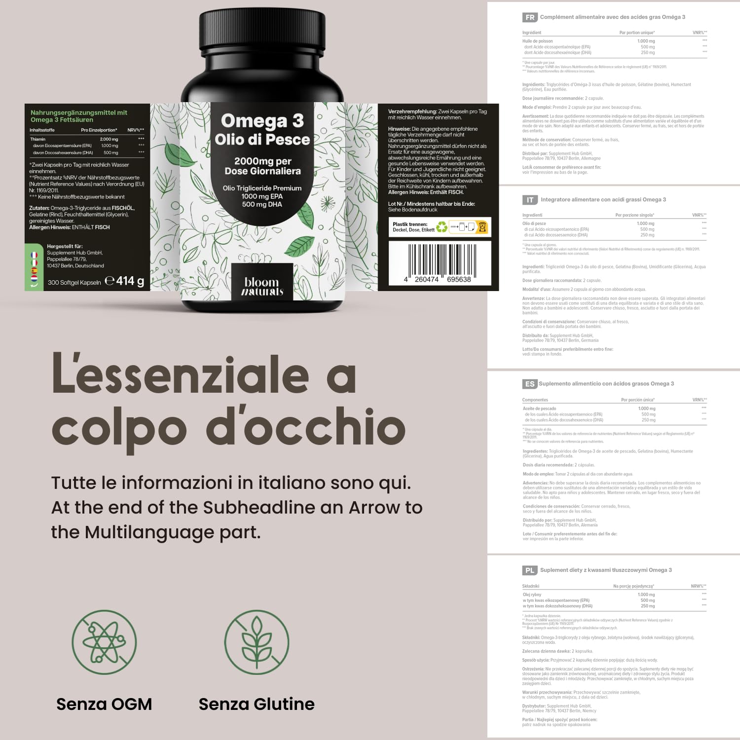 Olio di Pesce Omega 3 ad alto dosaggio – 300 Capsule – 2000 mg al giorno | EPA 1000 mg & DHA 500 mg – Omega3 Forma Trigliceride – Senza Retrogusto di Pesce – prodotto in Germania – Integratore Omega 3