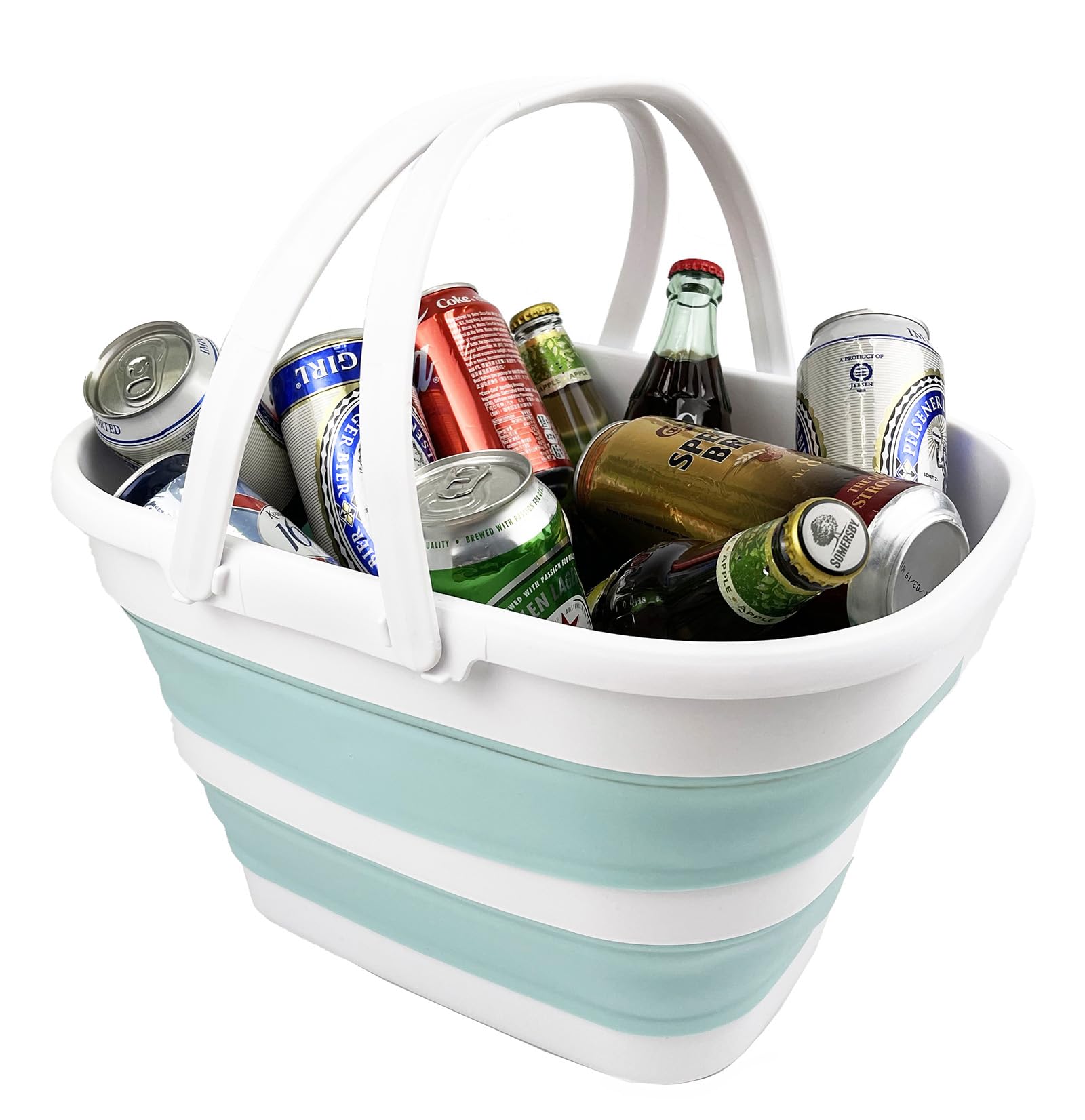 SAMMART Panier pliable avec poignée de 17 l - Panier de pique-nique d'extérieur portable / cratère - Sac de courses pliable - Récipient de rangement peu encombrant (blanc/vert lac, 1)