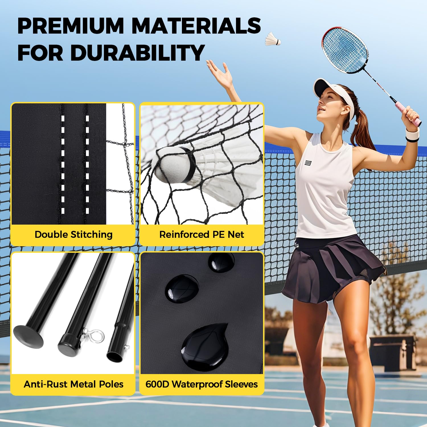 BAGAIL Set di reti da Badminton per esterni-Dimensioni 20ft x 5ft, 4 Racchette, 3 palline da Badminton, rete in PE resistente e borsa per il trasporto per il cortile, la Spiaggia e Giochi in Famiglia