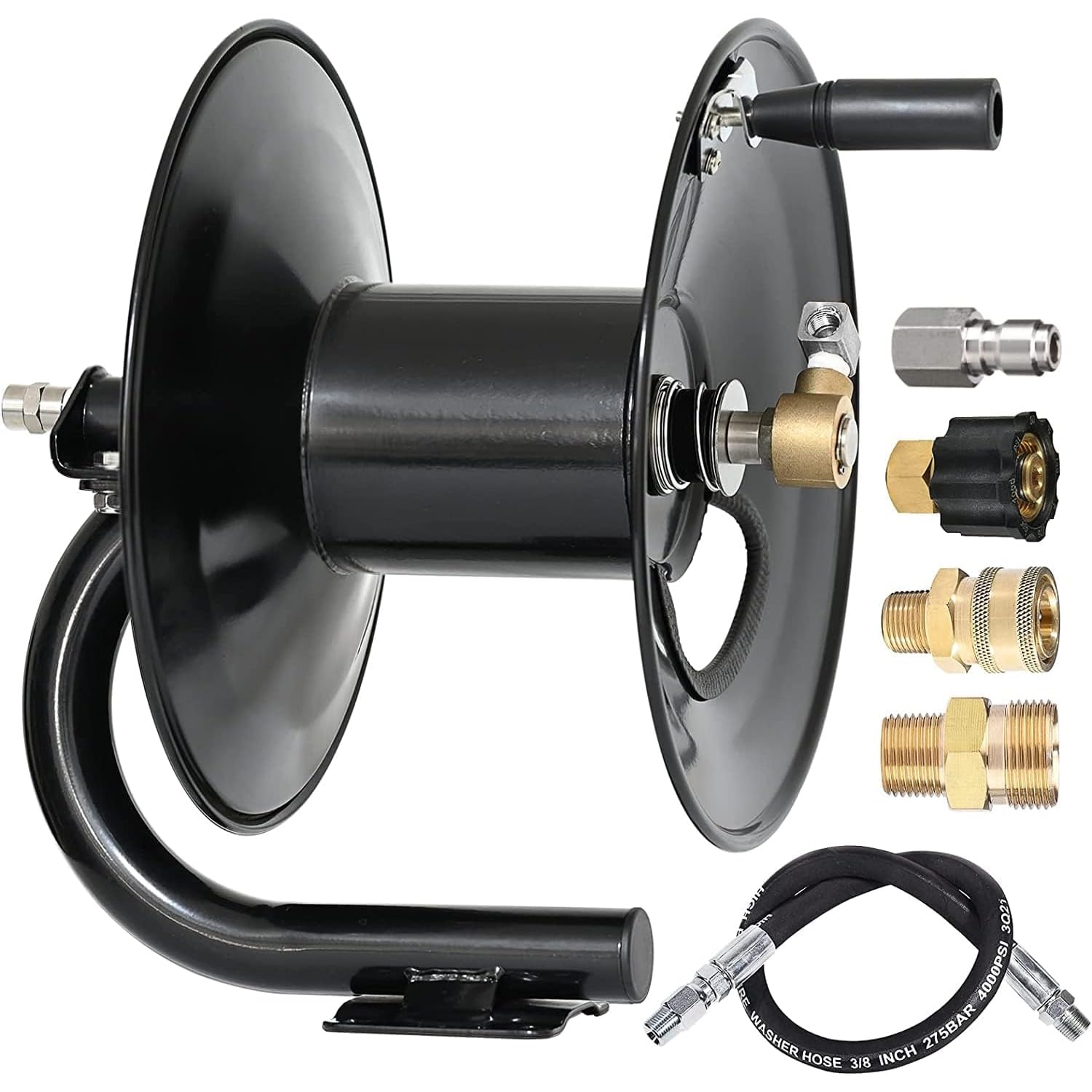 YAMATIC Pressure Washer Hose Reel 100 ft with Jumper Hose 3ft, Heavy Duty Steel Manual Crank Power Washer Hose Reel with Iron 90 Degree Elbow Adapter, 4000 PSI