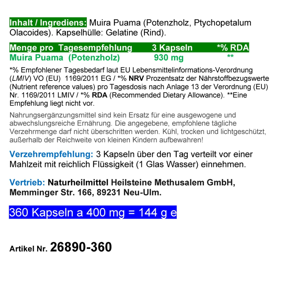Potenzholz Potenzbaum Muira Puama 360 Kapseln POWERMAN Rindenpulver für Mann & Frau - NATUR PUR ohne ZUSATZSTOFFE. 26890-360