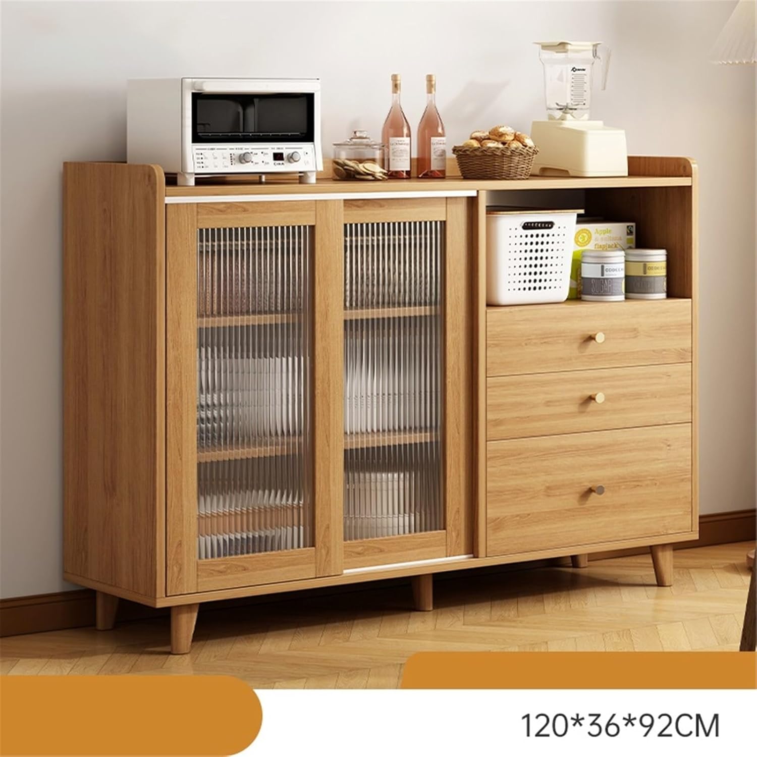 Sideboard Cabinet Double-Door Wooden and Glass Sideboard for Living Room and Kitchen Storage with Drawers 120cm Console Coffee Table