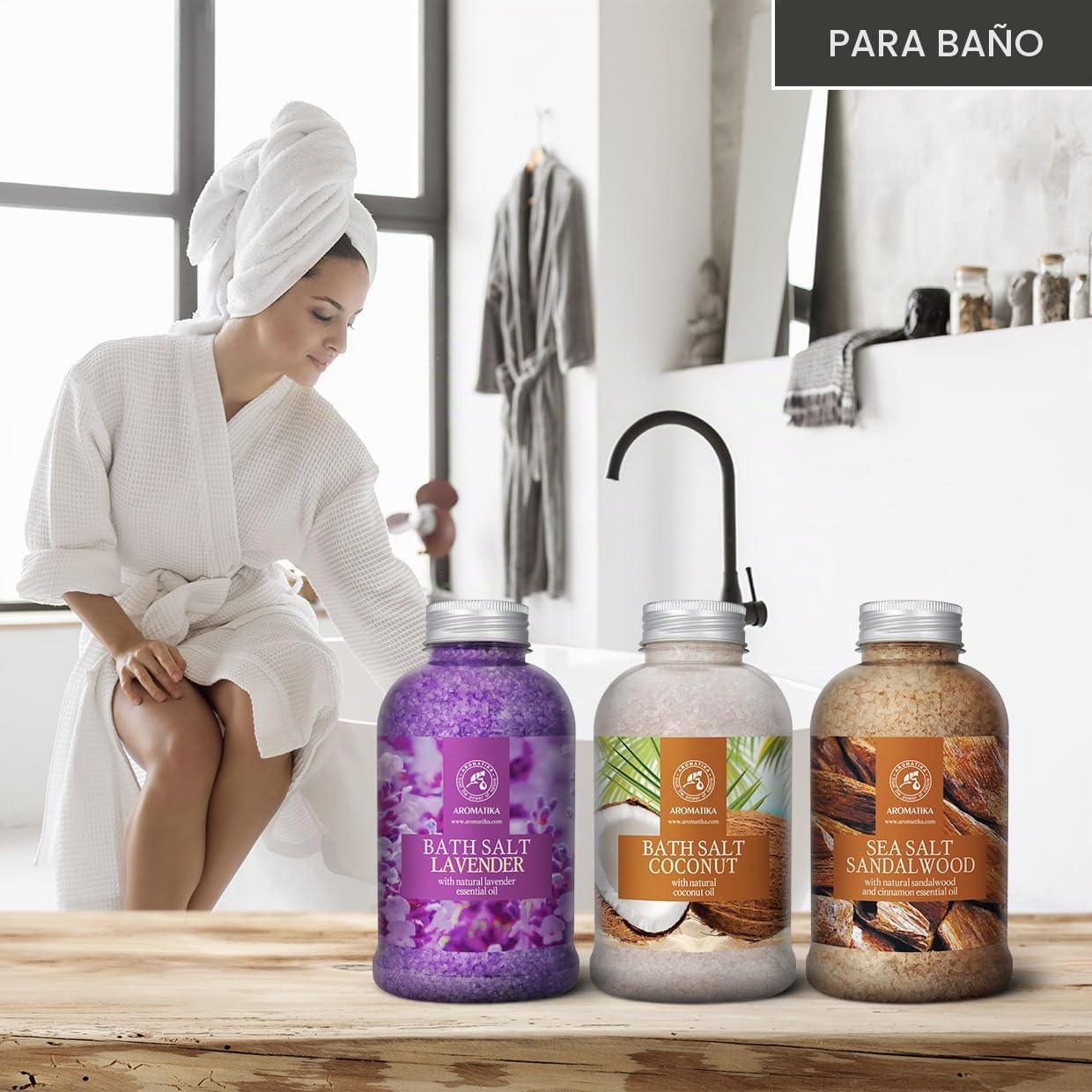 Sales Marinas de Baño Set Lavanda & Coco & Sándalo 3х600g - Sal Marina con Aceite esencial de Lavanda - con Aceite de Coco Natural - Aceite de Sándalo y Canela - Cuidado del Cuerpo - Aromaterapia
