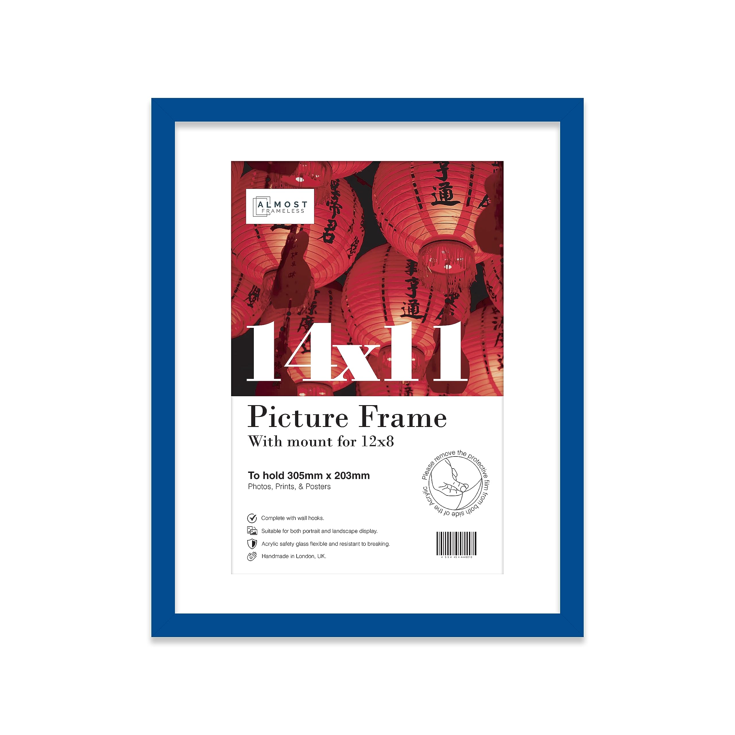 Almost Frameless 14x11 Blue Picture Frame With Mount for 12x8 Print, Poster or Photo Poster, Photo, Artwork, or Print. Thin Edge Slim Frame Portrait and Landscape Display with Wall Hooks