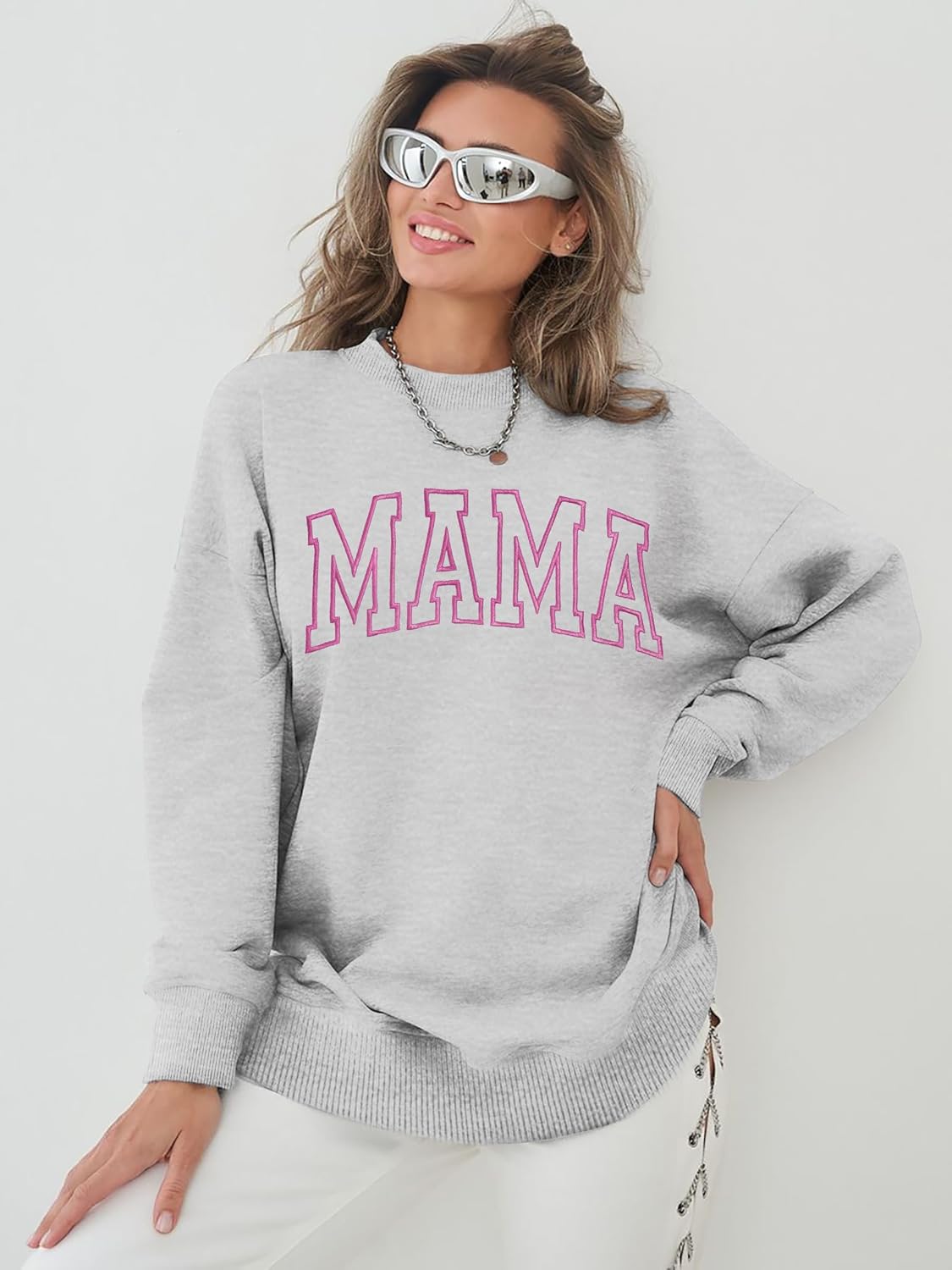 Mama Sweatshirts for Women Embroidered Mama Shirt Oversized Mom Crewneck Pullover Hoodies Long Sleeve - Image 3
