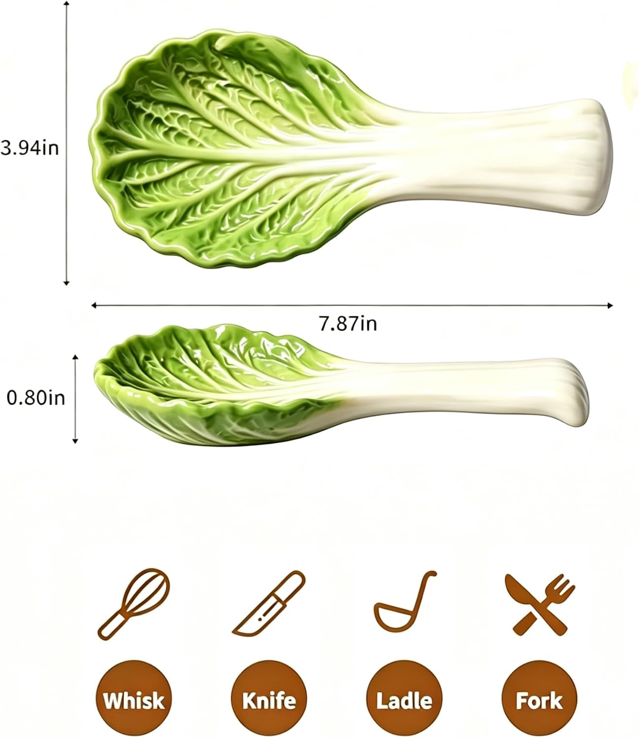 2 Pack Ceramic Spoon Rest, Cute Chinese Cabbage (Bok Choy) Shaped Utensil Holder, Heat Resistant for Stove Top & Kitchen Counter, Kitchen Decor, Ideal Housewarming Birthday Gift