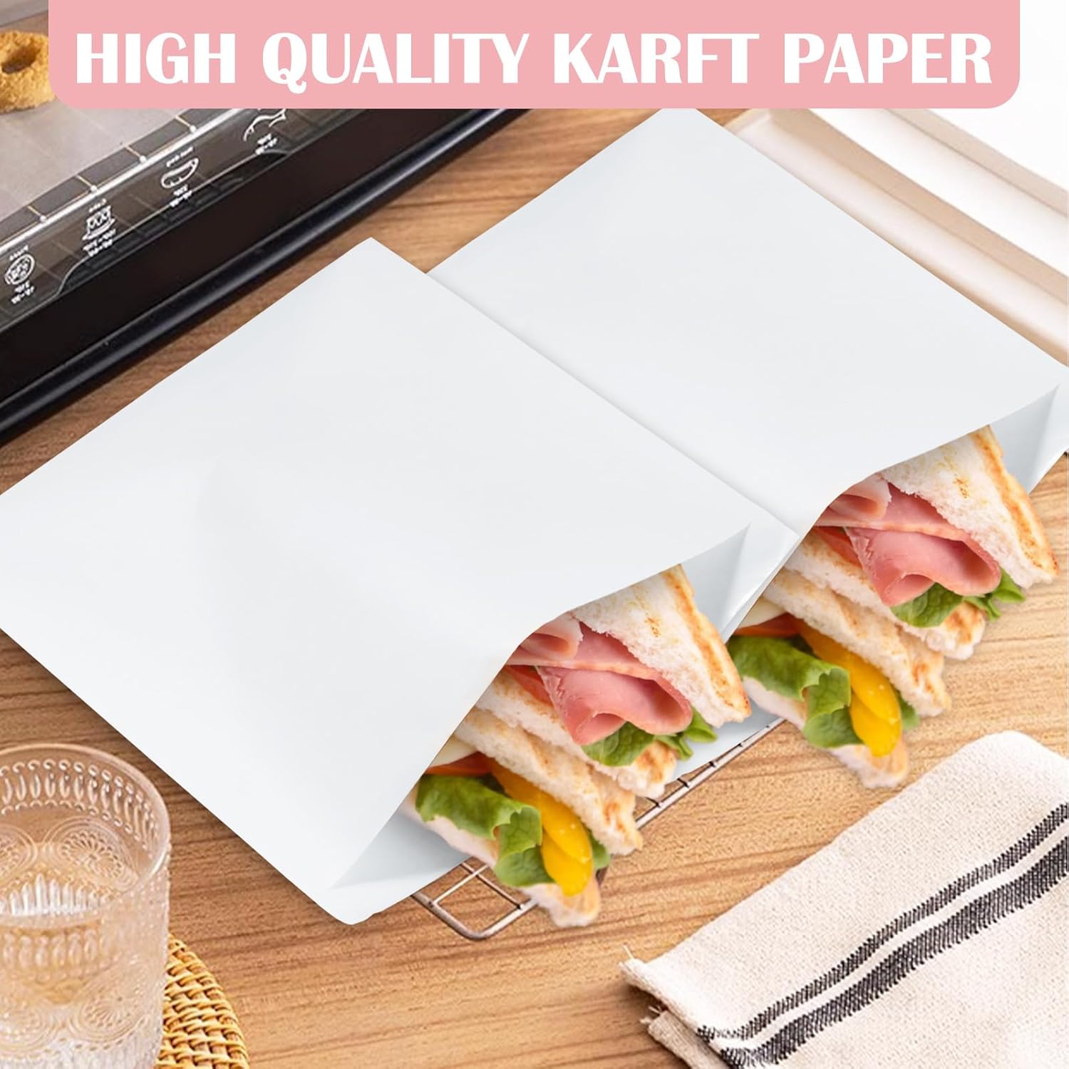 600 Pack Paper Sandwich Bags, 9 x 9 Inch Kraft Wax Paper Bags, White Paper Treat Bag, Breakfast Papers Bag, Greaseproof Snack Bag for Bakery, Cookies, Snacks, Sandwiches
