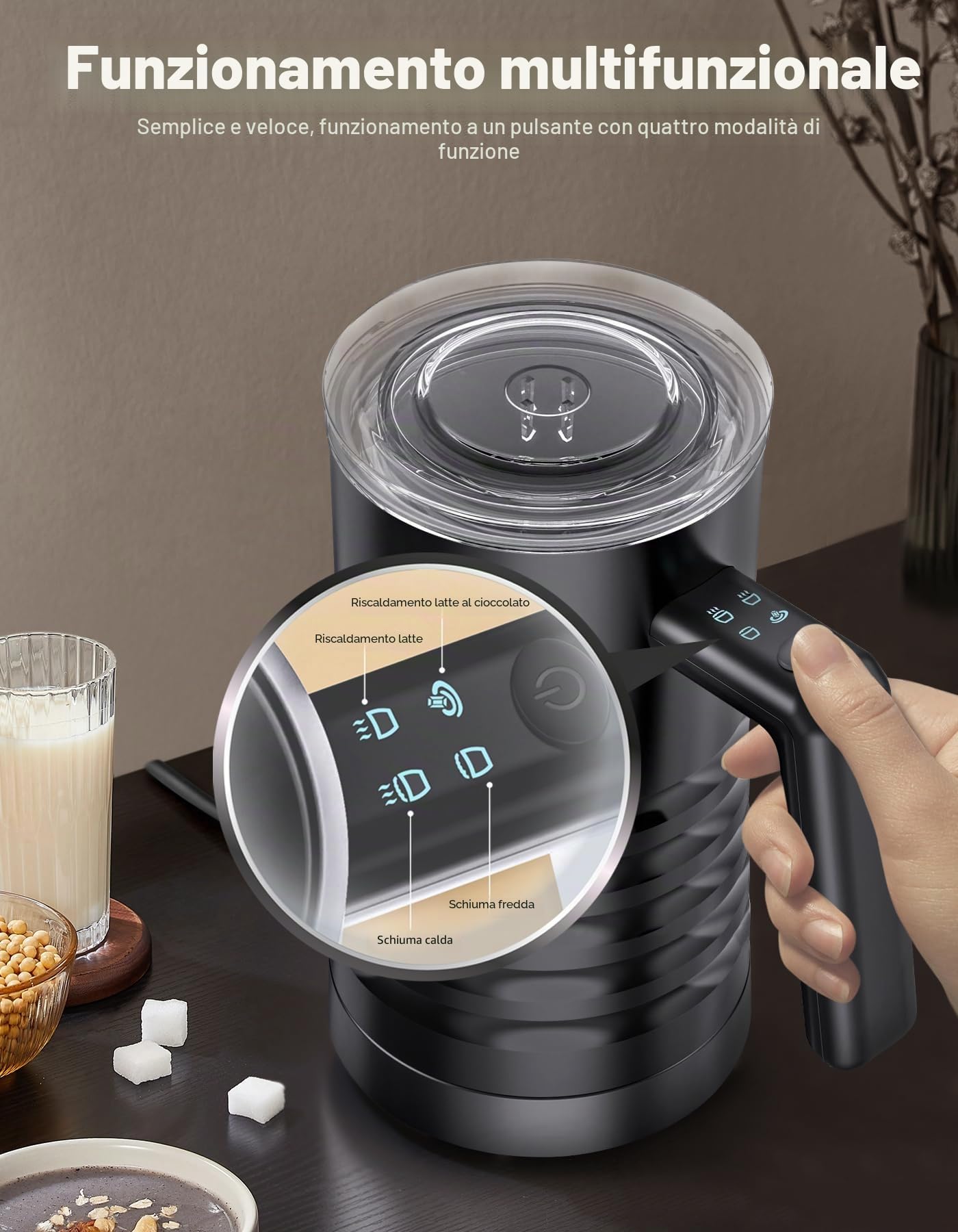 YESLUSY 4 in 1 montalatte elettrico, 580 ml, in acciaio inox, schiuma di latte caldo e freddo, scaldalatte per cioccolata calda, cappuccino, facile da pulire (nero)