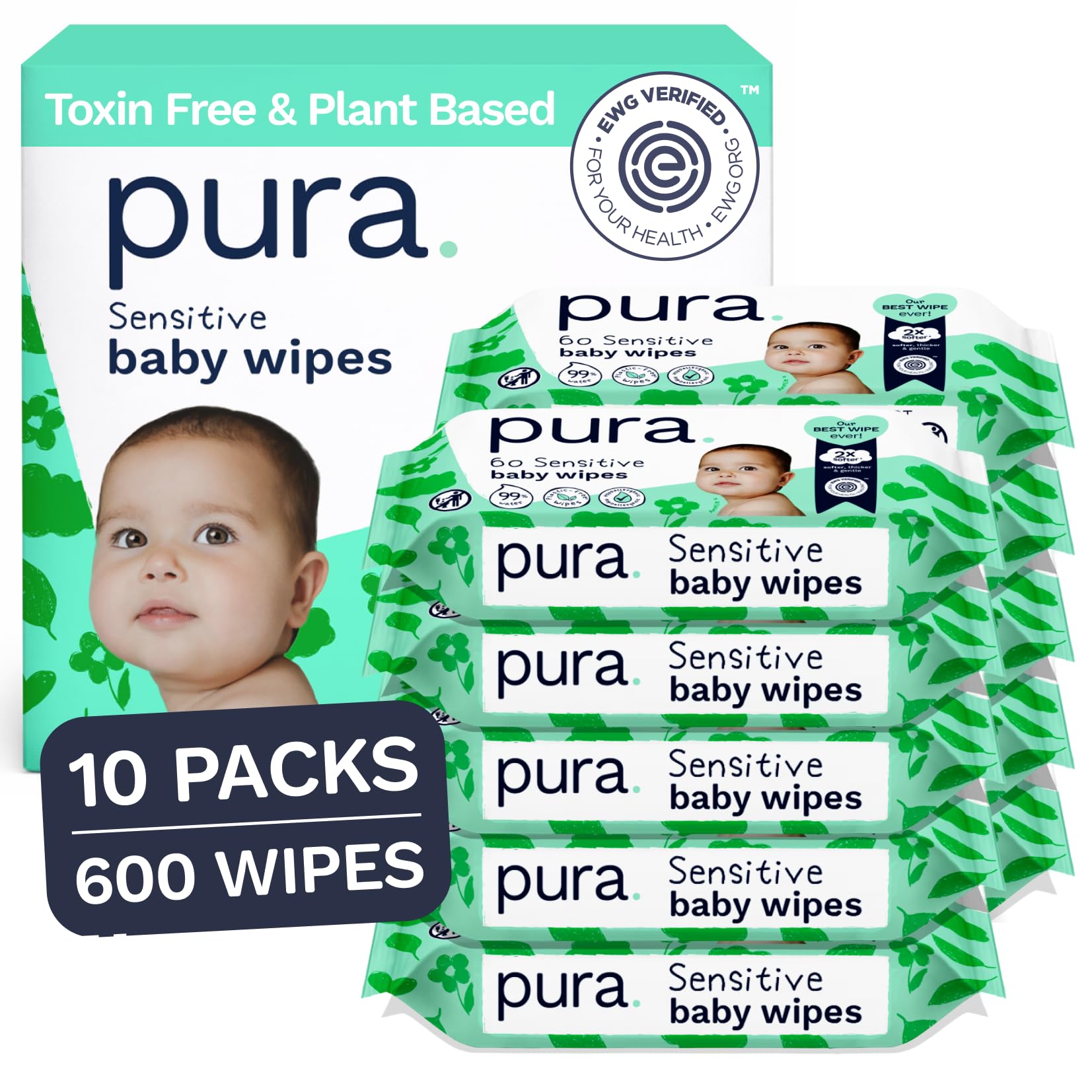 Pura Baby Wipes Unscented 600 Wipes Sensitive Skin with Aloe Vera