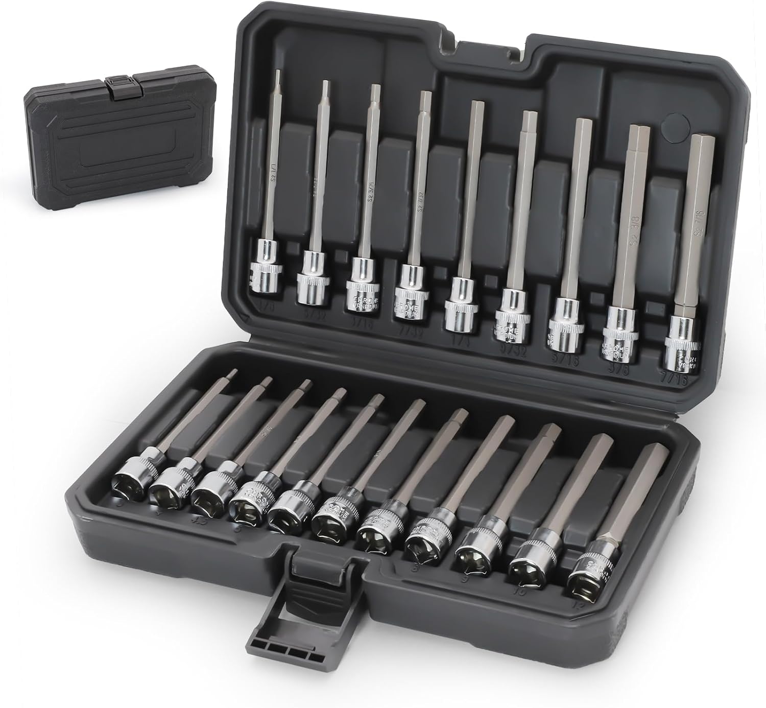 Extra-Long Allen Hex Bit Socket Set,20-Piece 3/8 Inch Drive,Standard SAE & Metric (1/8-Inch - 7/16-Inch, 3-12mm) for Repair and Assembly (Black)