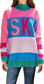 Womens Sweaters Fall 2024 Oversized Color Block Ski Sweater Crewneck Winter Tops S-2XL