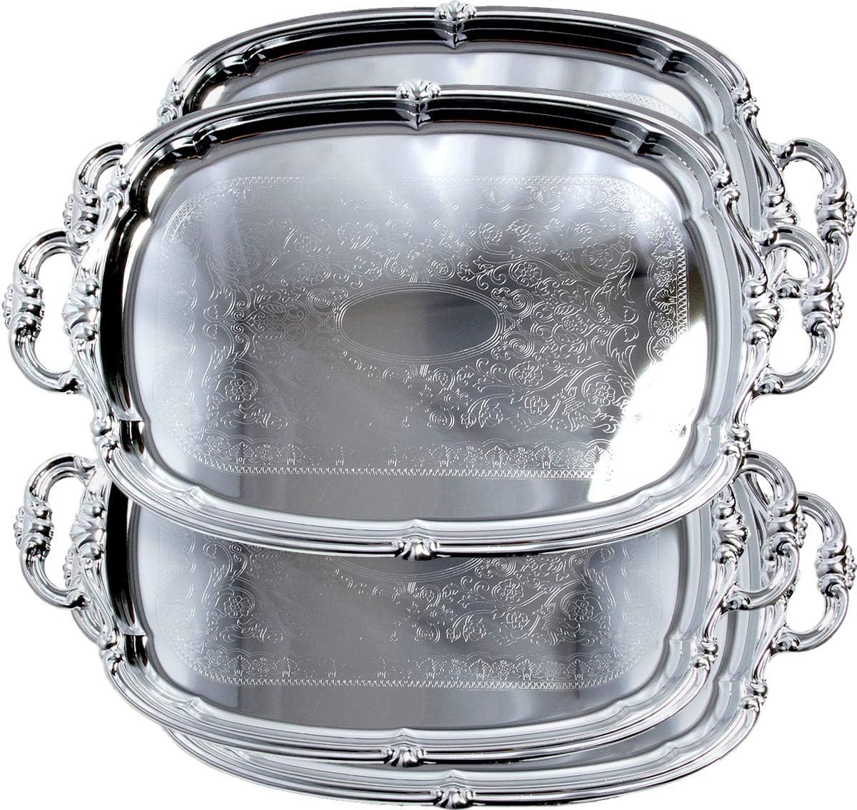 (Pack of 4) 21-Inch x 13.5-Inch Elegant Victoria Floral Engraved with Handle Serving Tray Silver Metal Plate Platter Food Decorative Buffet Wedding Party T166-4PK