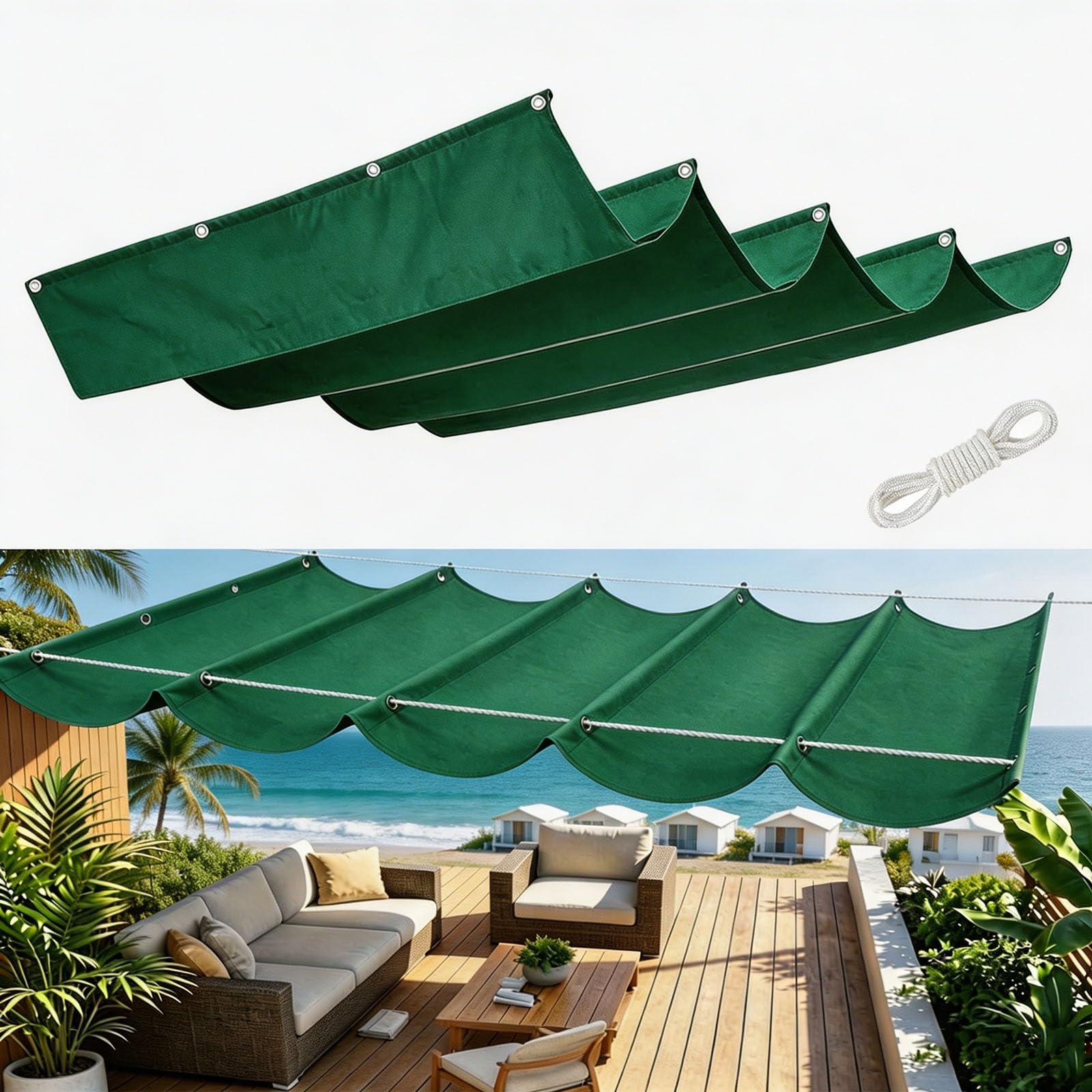 Toldo Vela de Sombra Retráctil 100 x 1150 cm Protección UV 98% Resistente Al Clima y Desgarro Resistente a Desgarros Impermeable Toldo Vela de Sombra para Terraza Jardín, Verde