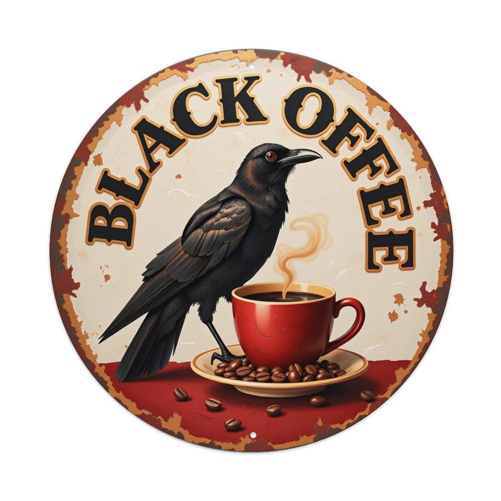 Black Coffee Crow Cup Beans Round Tin Sign Vintage Metal Poster, Home Bar Garage Man Cave Cafe Indoor & Outdoor Wall Decoration 8x8Inches