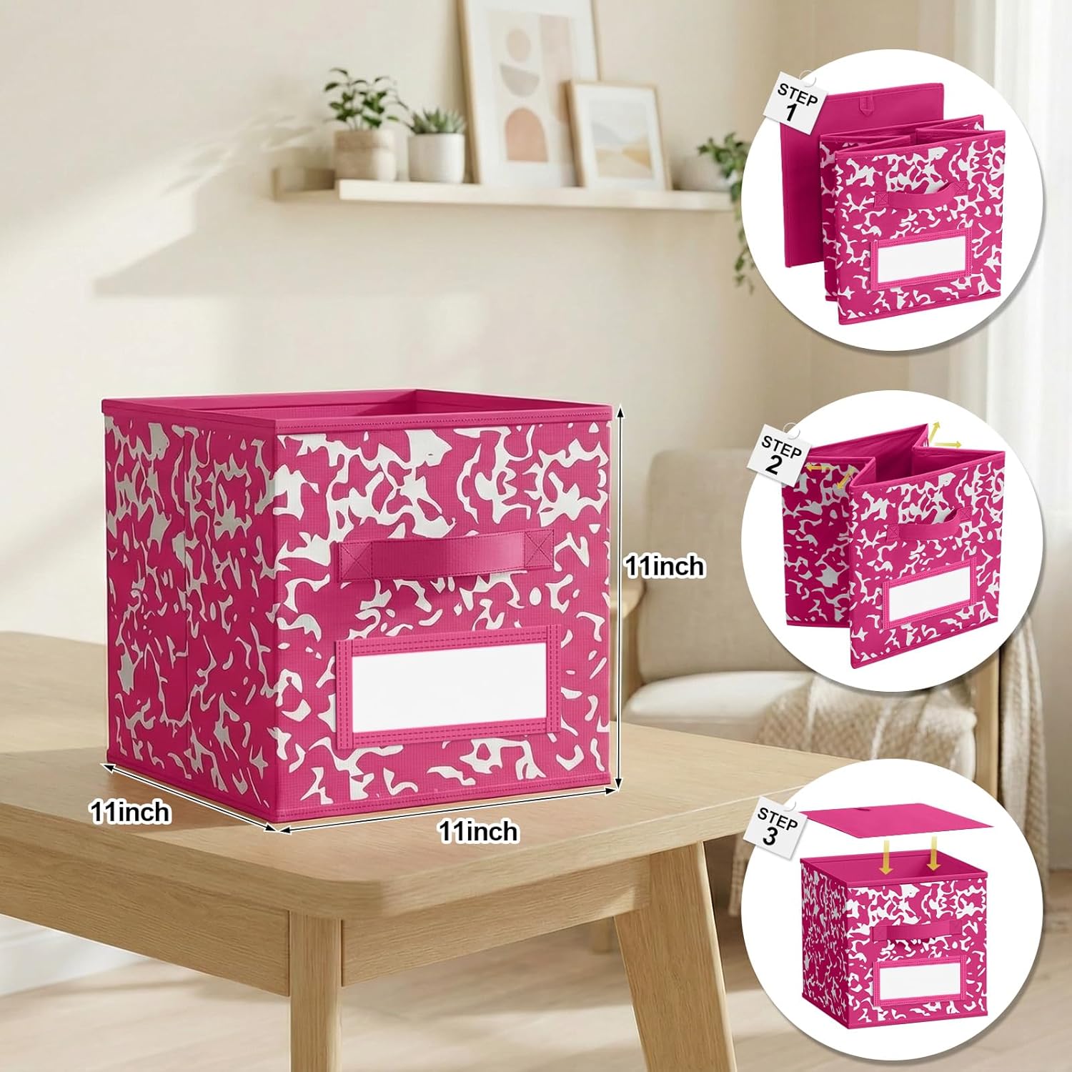 LemonRoad 6 Fabric Storage Cube 11 Inch Foldable Marble Storage Bin with Label for Organizing Pantry, Toy Box, Clothes Closet Collapsible Basket for School Organizing with Handle(Rainbow, Label Style)