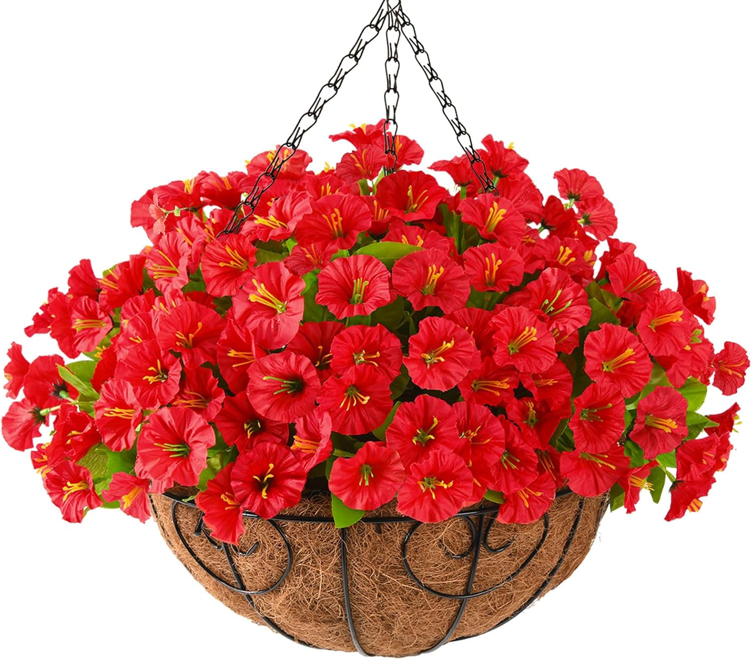 Homsunny Artificial Fake Hanging Flowers Plants with Basket for Outdoor - Fake Petunias Flowers Fake Silk Morning Glory Planter for Outside Porch Patio Balcony Garden Spring Summer Decor(Rose red)