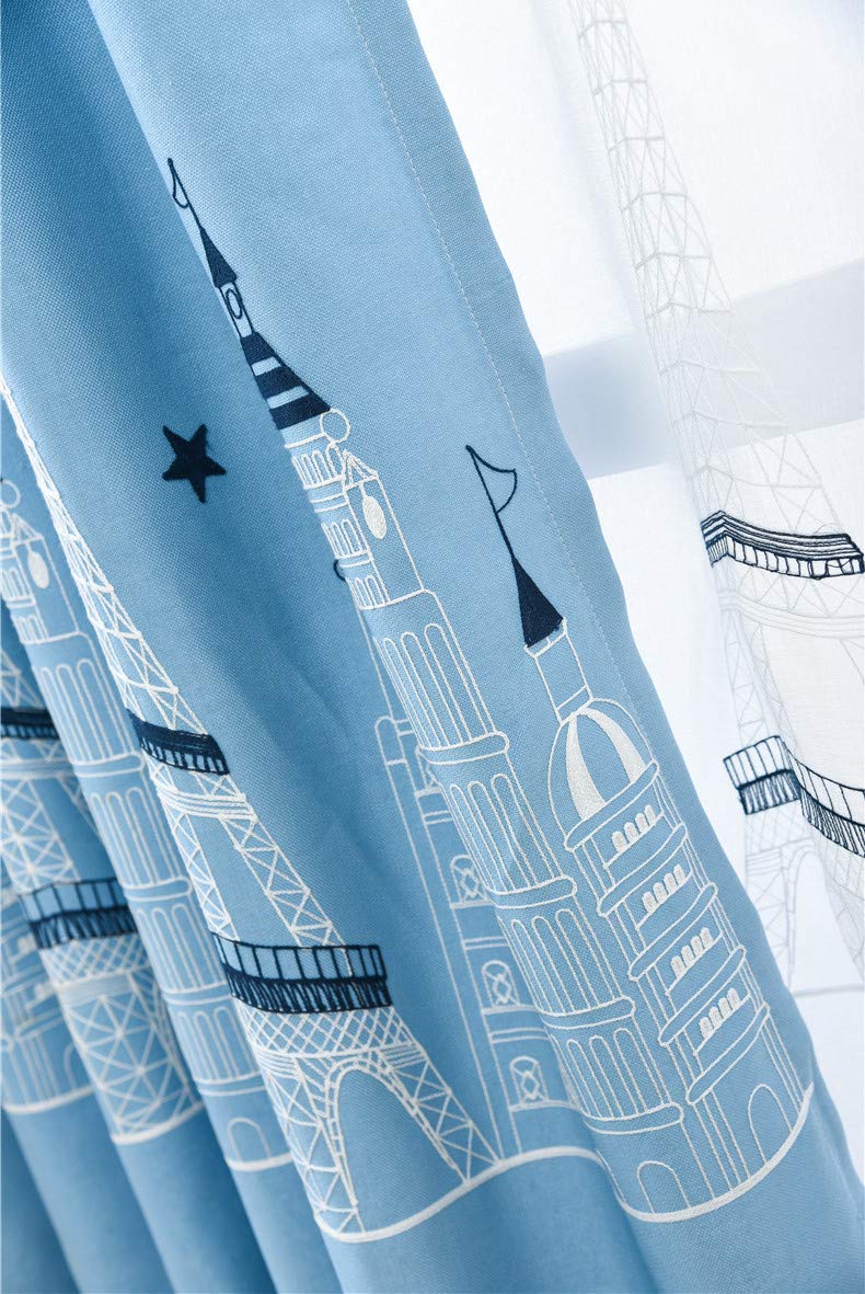 Lactraum habitación de los Niños Dormitorio Juvenil de Habitaciones Trabajo 1er Pack con Ojales Cortina Bufanda Bordada Torre Eiffel Candado Estrella Cortina Gruesa (Azul Claro) 300 x 245 cm(B x H)