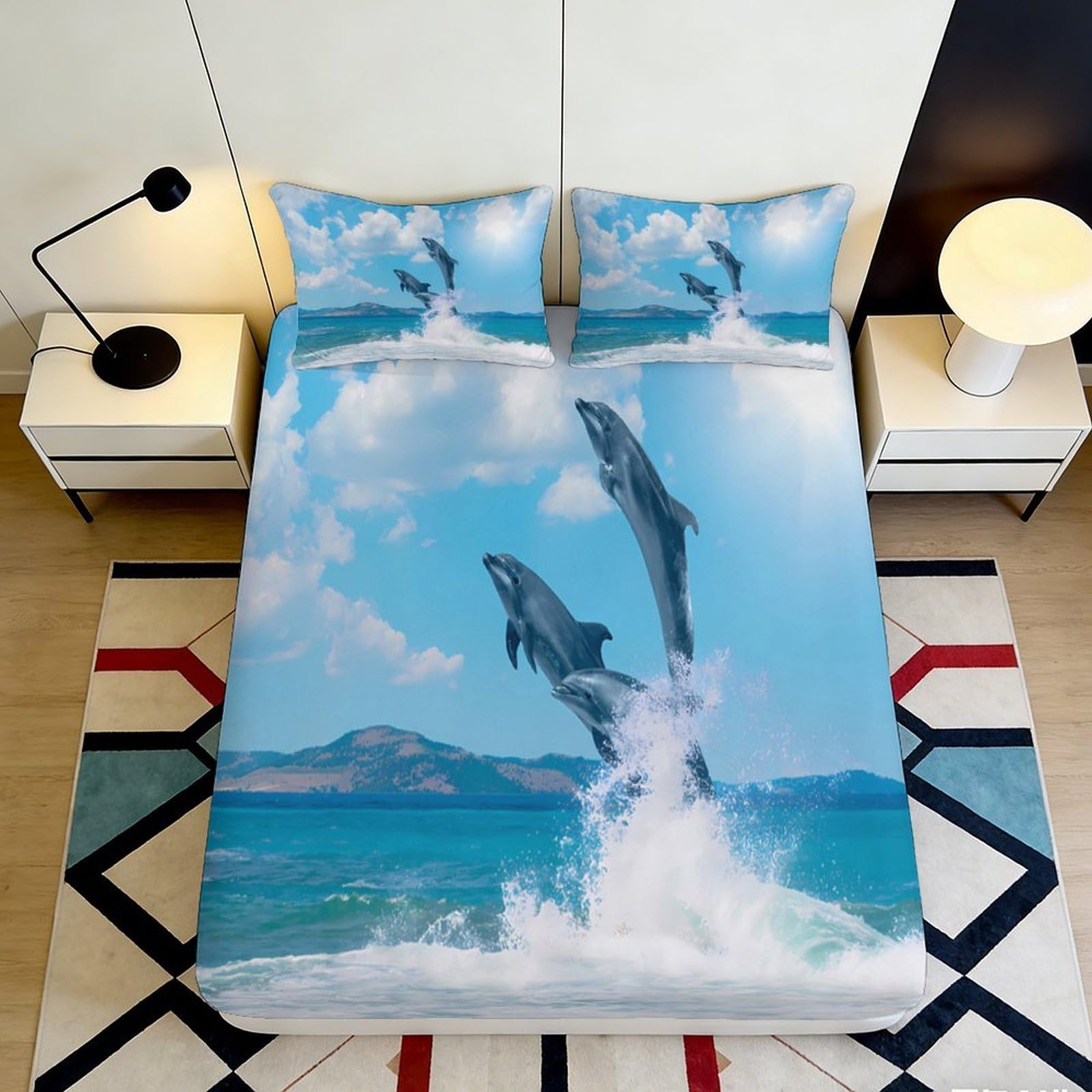 Uynsixtme Style-2 3D Printed Dolphin Fitted Sheet Microfiber Deep Pocket Non-Slip Bedroom Dolphin Mattress Fitted Cover Washable For Adults 200X200x25cm