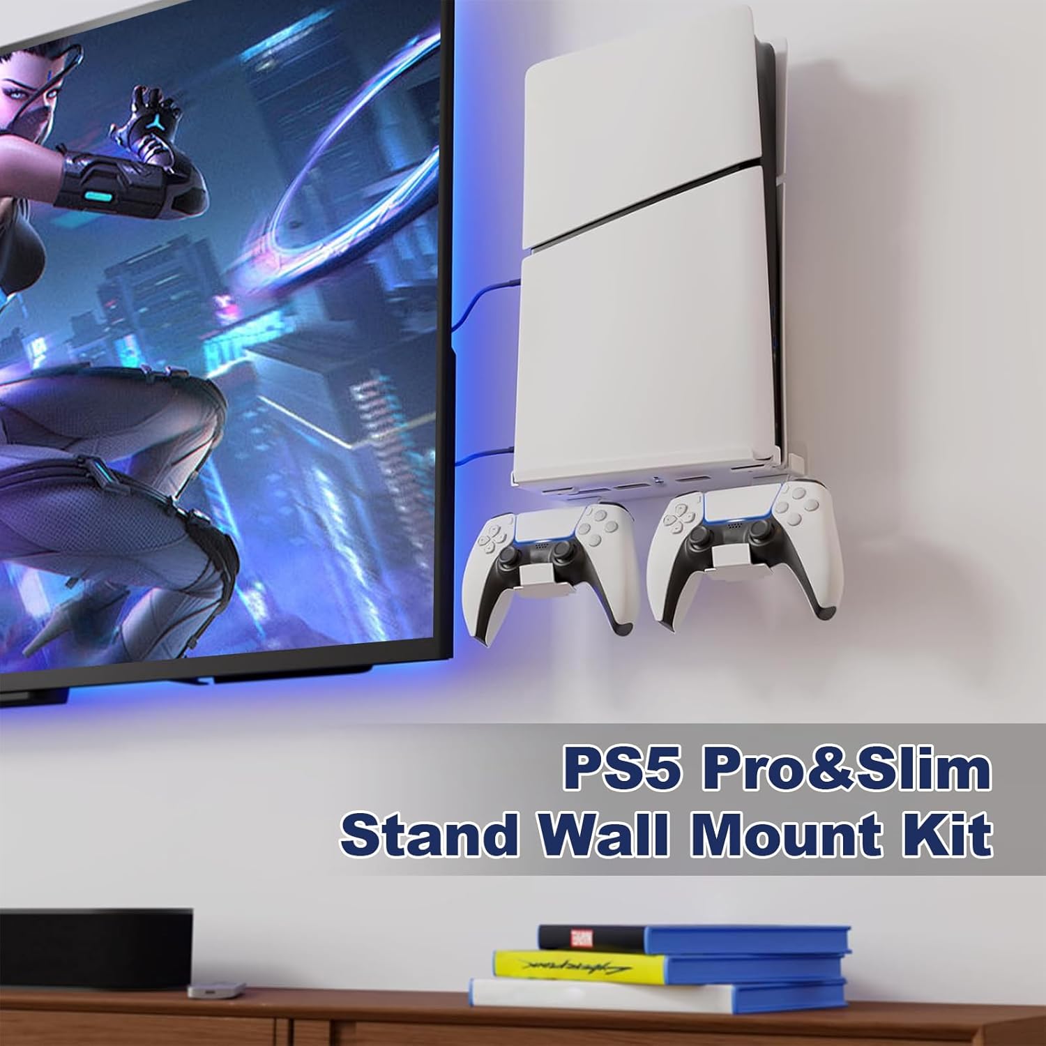 PS5 Pro&Slim Vertical Stand Wall Mount Kit, Thick Metal with Powder Coating, Includes Controller & Headset Hanger Brackets Holder, Mount Your Playstation 5 Pro Slim Console Next to TV,White - Image 3