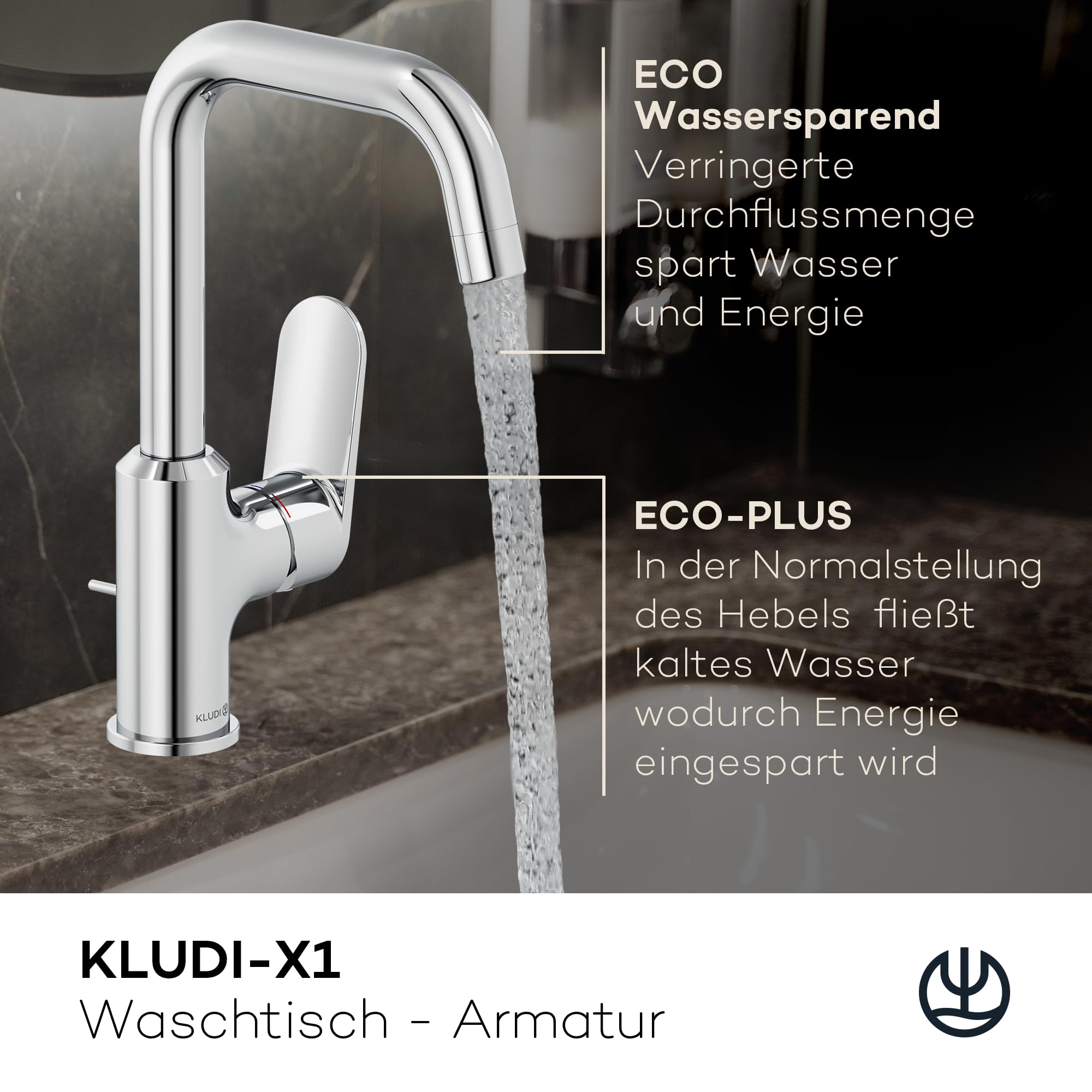 KLUDI-X1 Wasserhahn Bad mit Zugstangen-Ablauf, 360° schwenkbar, Auslaufhöhe 205 mm, wassersparende Waschtischarmatur Größe L, Mischbatterie Waschbecken inkl. Anschlussschläuche in Chrom