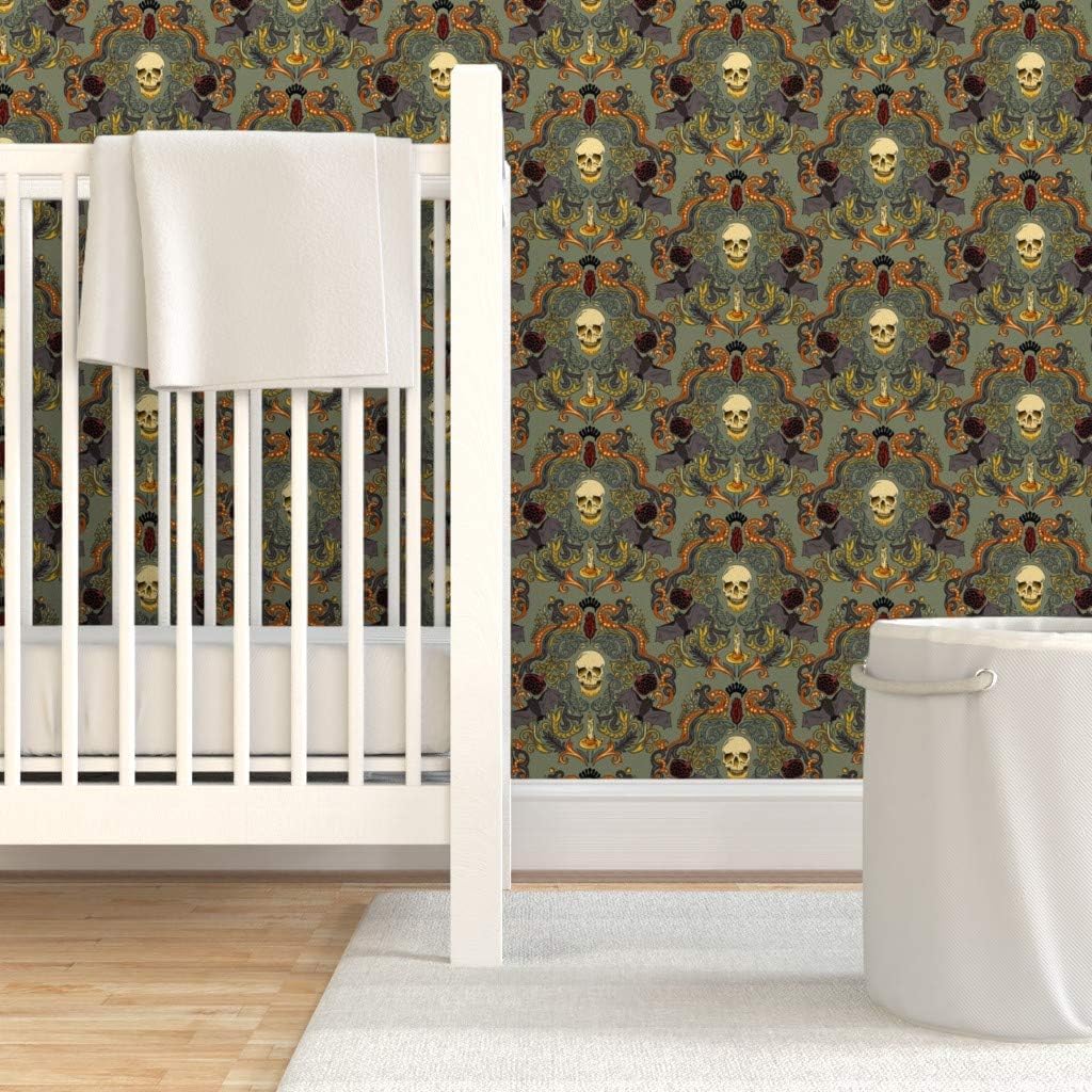 Peel & Stick Wallpaper 3ft x 2ft - Vintage Skull Bats Elegant Damask Halloween Pattern Custom Removable Wallpaper by Spoonflower