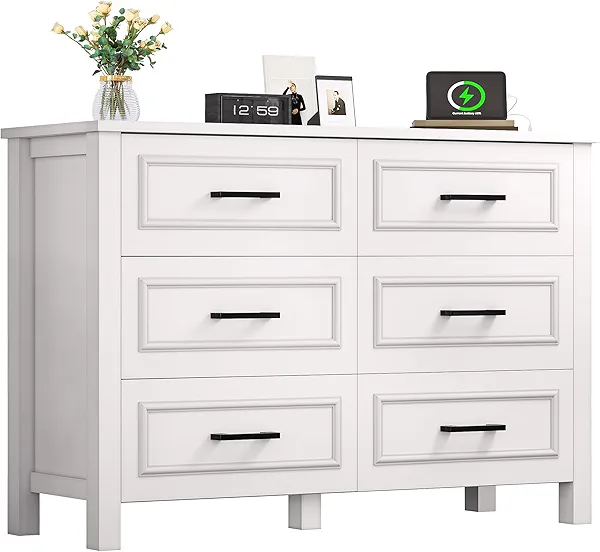 YITAHOME 6-Drawer Dresser with Built-in Power Outlet, Wood TV Stand with 6 Large Drawers and Bar Handles, White Dresser Chest of Drawers for Living Room, Hallway, Entryway