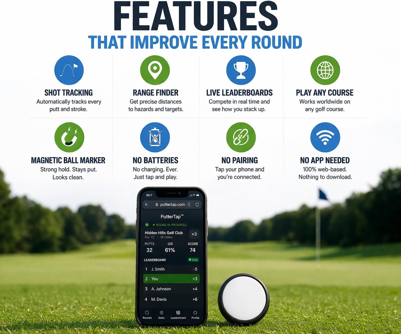 Smart Golf Ball Marker with Built-in Tap-to-Track Chip – No App, No Scorecard – Works with iPhone & Android