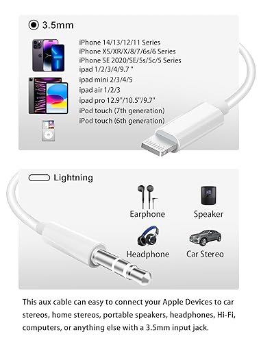 Miniatura 2 de Cable auxiliar Apple MFi certificado iPhone Lightning a conector de auriculares de 0.138 in, cable auxiliar de audio estéreo macho para altavoz de