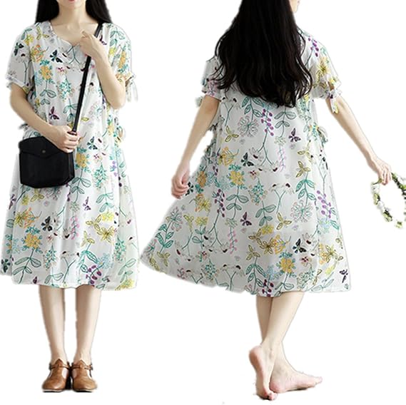 Amazon Co Jp レディース シフォン ワンピース 花柄 夏 春 Aライン 森ガール ガールズ 妊娠服 体型カバー M ファッション
