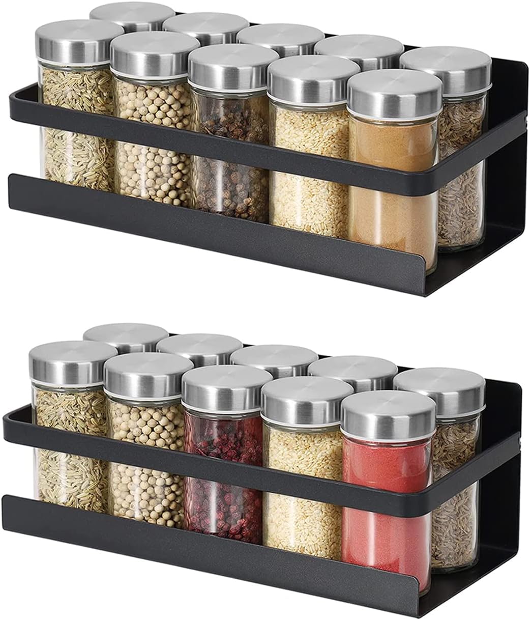 SIMIN 2 Pack Refrigerator Magnetic Spice Rack, Spice Rack Magnetic Shelf, Spice Storage Wall Mounted, Metal Jar Holder Home Kitchen Organization Spice Stand Cabinet With Hooks - Black (shelf1)