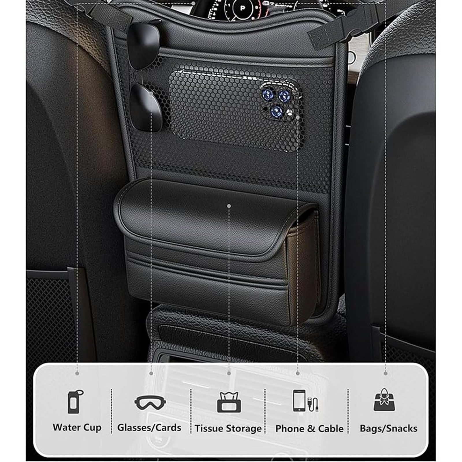 Borsa Portaoggetti per Auto per VW Tiguan (2007–2026), Design Fronte-Retro, con Porta-Fazzoletti e Tasca per Telefono,A Black