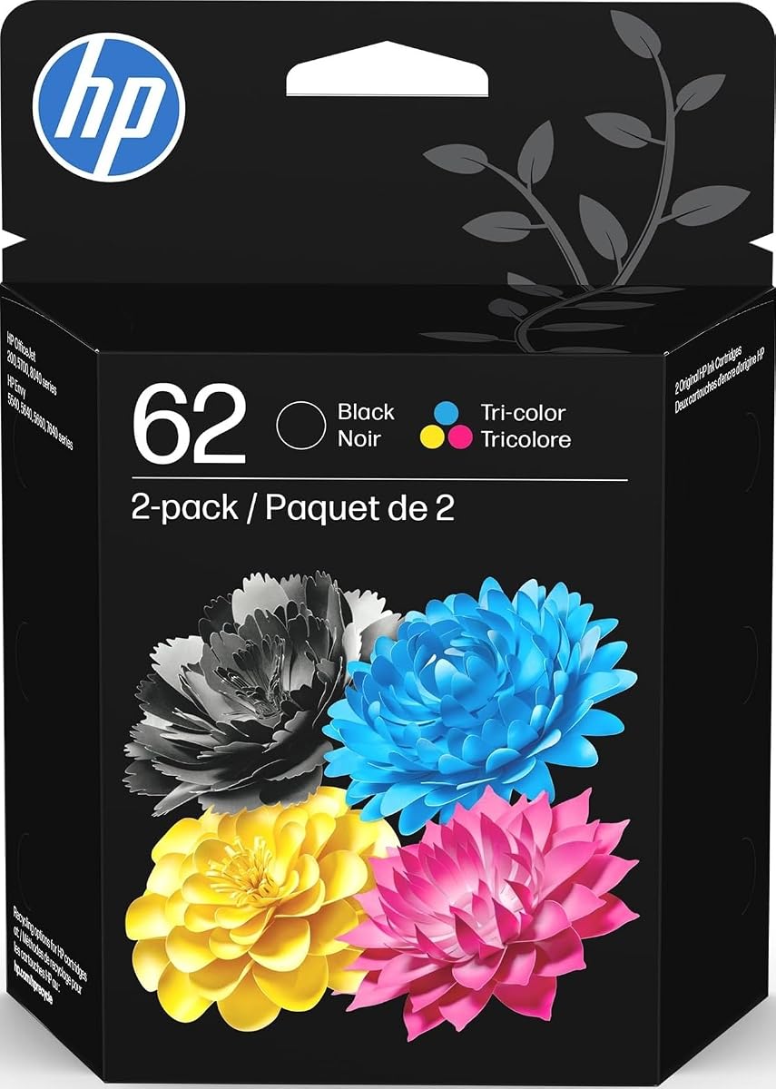 Cartuchos de tinta HP 62 negro/tricolor (paquete de 2) | Funciona con Envy 5540, 5640, 5660, 7640, OfficeJet 5740, 8040, Mobile 200, 250 | N9H64FN | El embalaje puede variar