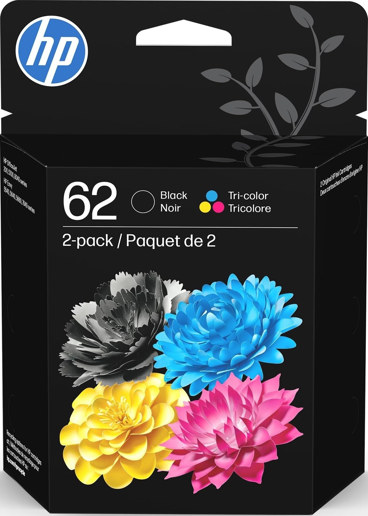 HP 62 Black/Tri-Color Ink Cartridges (2-Pack) | Works with Envy 5540, 5640, 5660, 7640, OfficeJet 5740, 8040, Mobile 200, 250 | N9H64FN | Packaging May Vary
