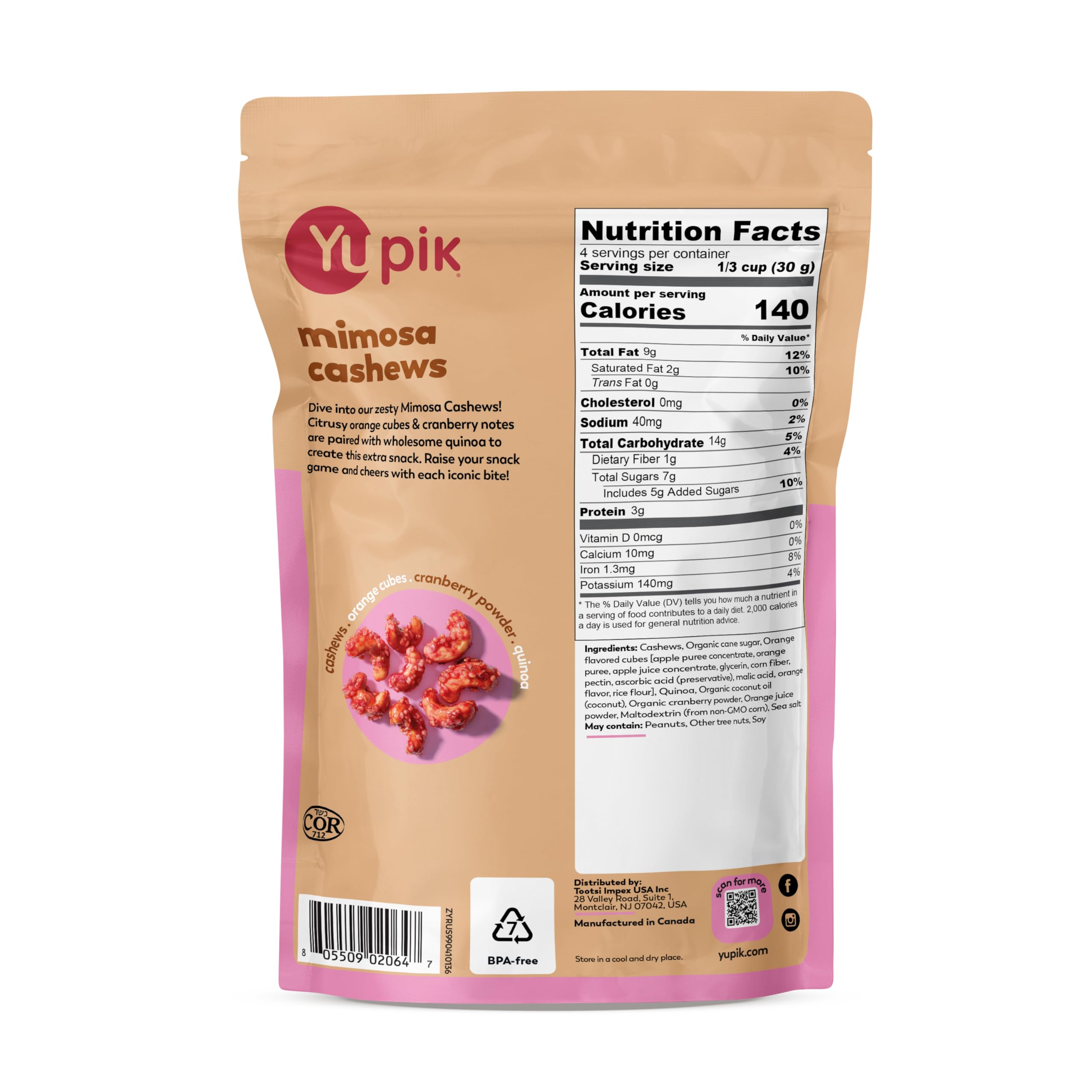 Yupik Orange Cranberry Mimosa Cashews, 136 g, koscher, hergestellt mit natürlichen Zutaten, Brunch-Geschmack, Cocktail-inspirierter Snack, süße glasierte Cashewnüsse mit gepufftem Quinoa, Party-Snack
