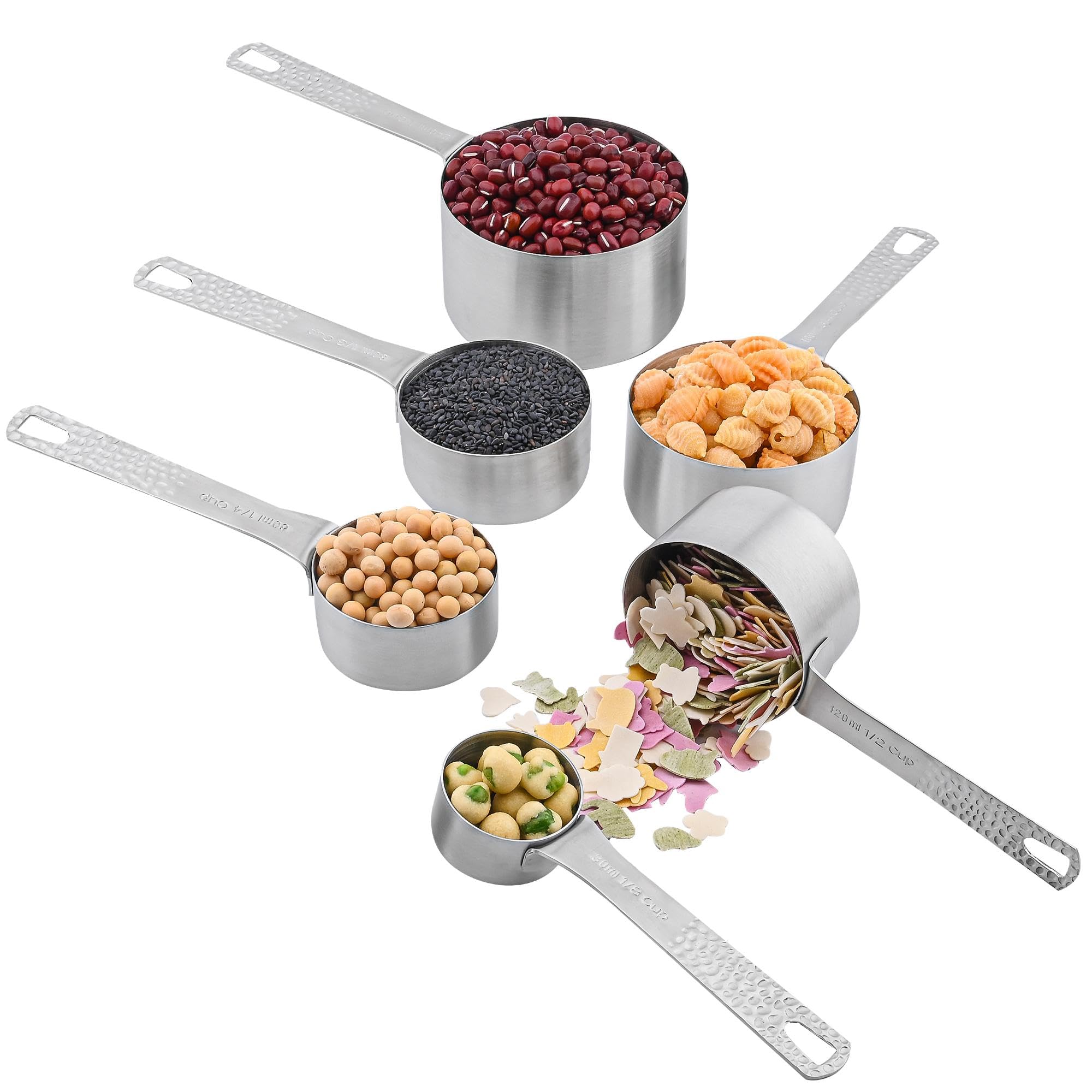 Set di misurini in acciaio inox 18/8, per cucina e cottura, secchi e liquidi, 6 misurini con 1 anello, set di misurini metrici e statunitensi