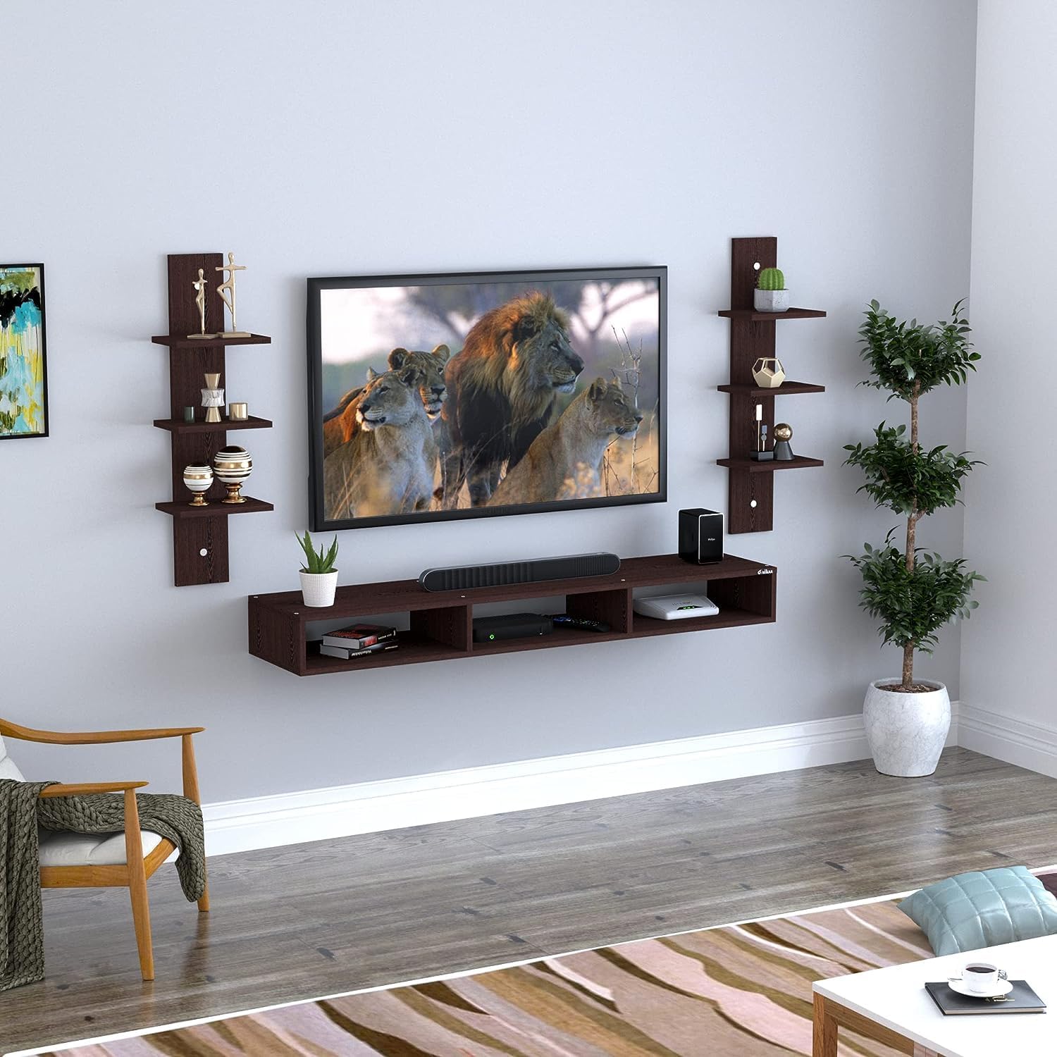 Engineered Wood Wall-Mounted TV Stand with Shelves for The Living Room, Bedroom, Dining Room, Office, Set top Box Stand, TV Cabinet, and Decorative Shelves Entertainment Unit (Brown)-image-7