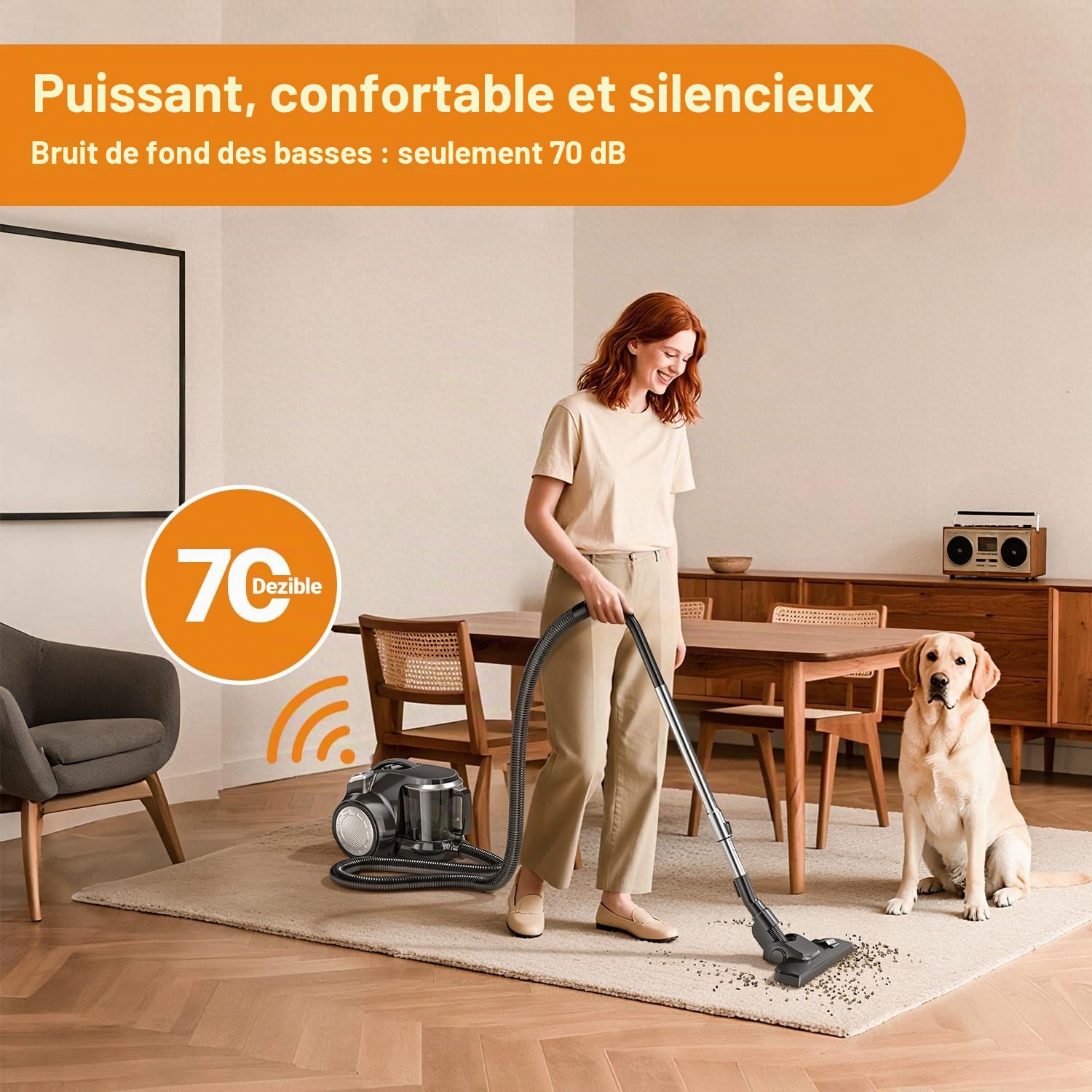 Aspirateur sans sac 1200 W - Forte puissance d'aspiration - Compact et léger - Sans sac - Silencieux < 70 dB - Réservoir à poussière de 2,5 l - Buse de sol pour sols durs et tapis - Filtre