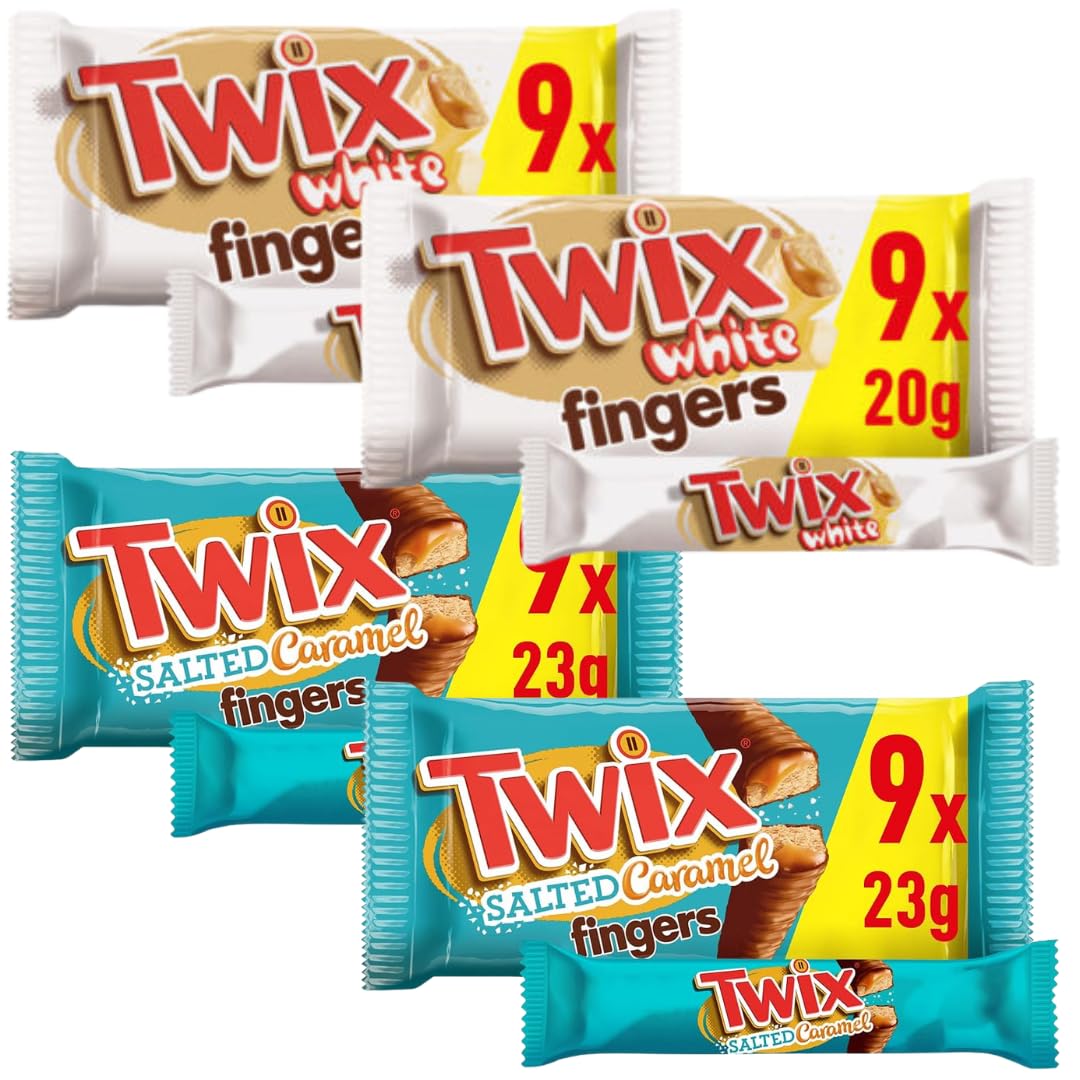 Biscuit Snack Bars Bundle With Twix Caramel & White Chocolate Fingers Biscuit Snack Bars 9x20g x2 Packs and Salted Caramel & Milk Chocolate Fingers Biscuit Snack Bars 9x20g x2 Packs (4 Pack Total)