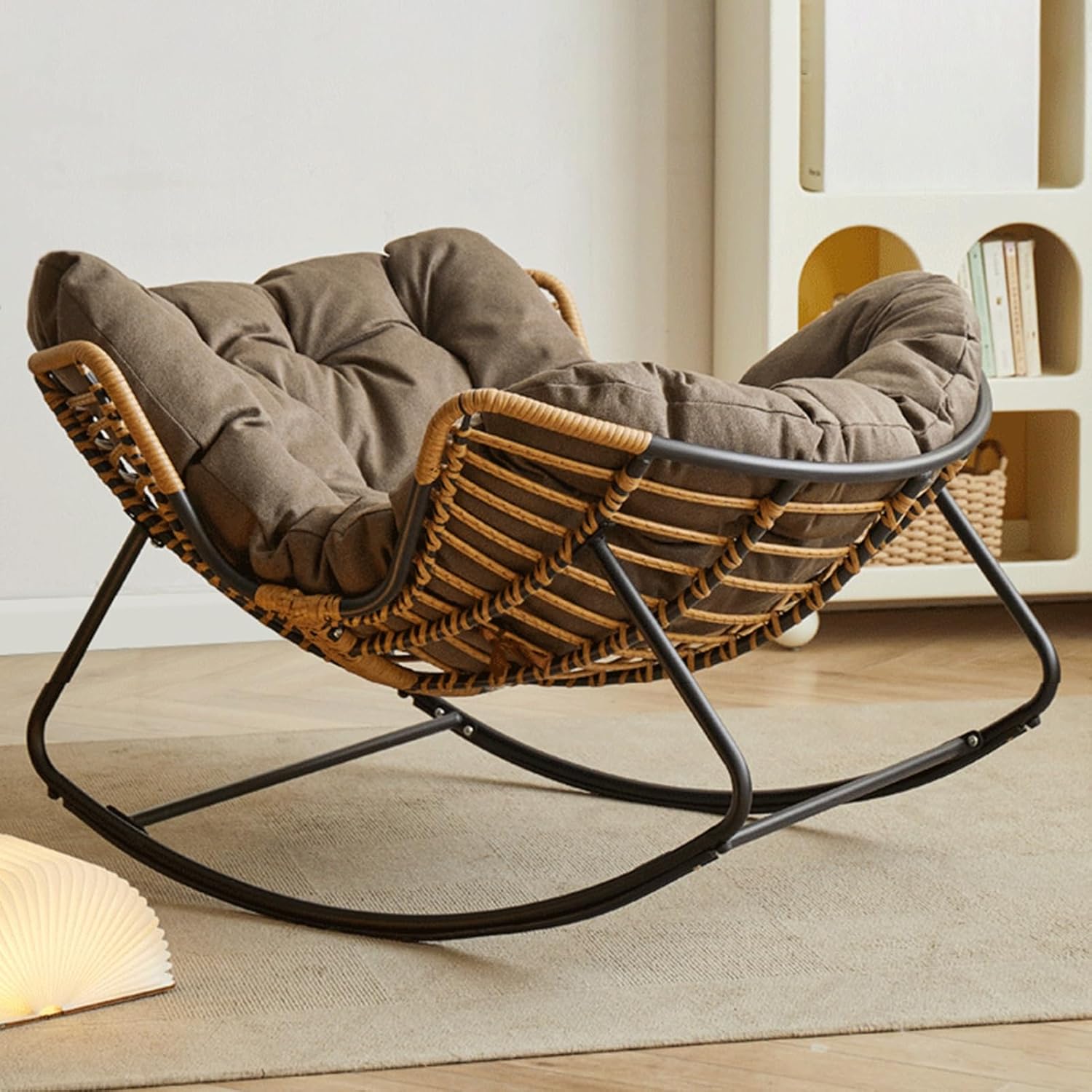 Rattan Rocker Padded Cushion Recliner Outdoor, Comfy Indoor and Outdoor Lounge Chair, Reading Chairs Set with Oversized Cushion, for Front Porch, Garden, Patio, Backyard(Dark Brown)