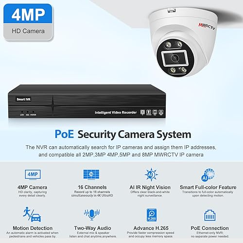 Miniatura 2 de Sistema de cámara de seguridad PoE de audio de 2 vías, 4 cámaras IP domo con cable de 4MP para seguridad del hogar, lente gran angular de 110°, luz