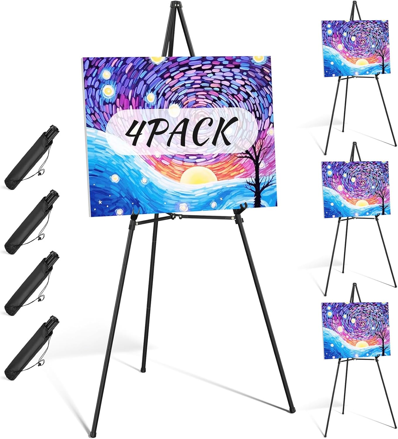 Easel Stand for Sign 70" Adjustable,Portable Metal Easels for Display with Reinforced Support,Folding Easel Sign for Wedding Sign,Painting(Black,4 Pack)