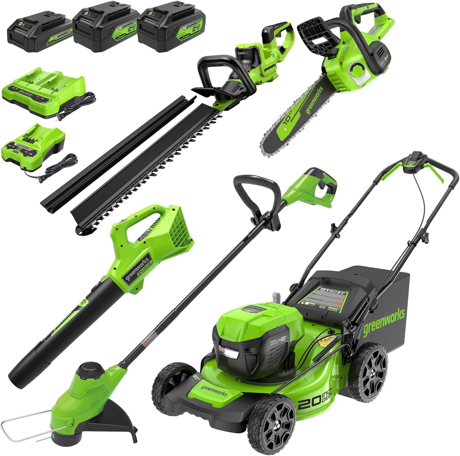 48V (24V x 2) 20" Cordless Push Mower, 12" String Trimmer, 320 CFM Blower，10" Chainsaw，and 22" Hedge Trimmer Combo Kit