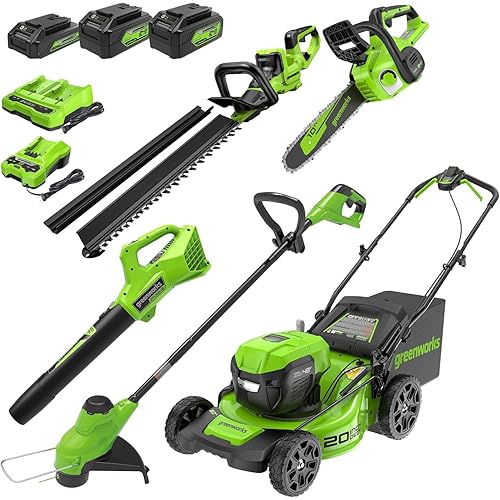 Greenworks 48V (24V x 2) 20" Cordless Push Mower, 12" String Trimmer, 320 CFM Blower，10" Chainsaw，and 22" Hedge Trimmer Combo Kit